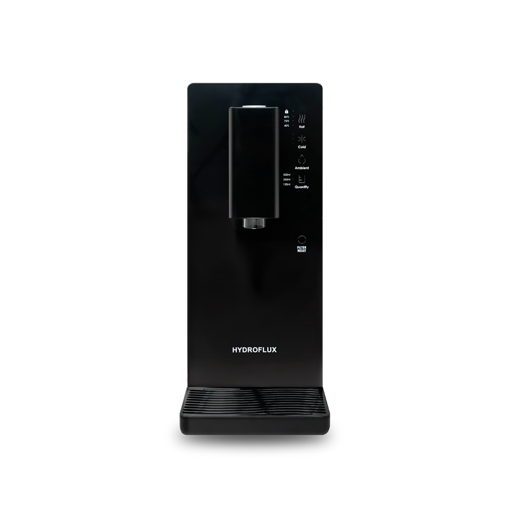 Hydroflux PILSU compact water purifier in Shadow Black, 170 mm wide countertop unit