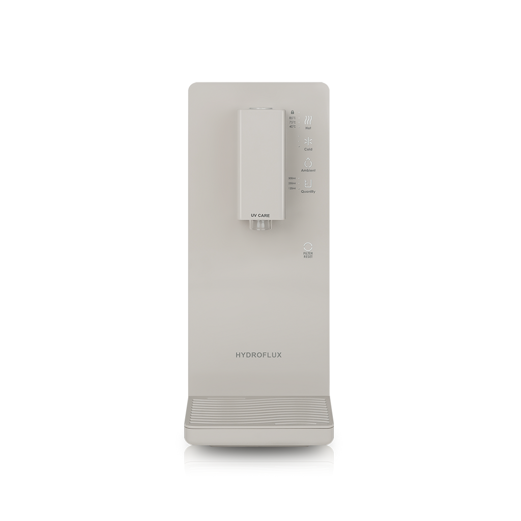 Hydroflux PILSU compact water purifier in Sandy Beige, 170 mm wide countertop unit