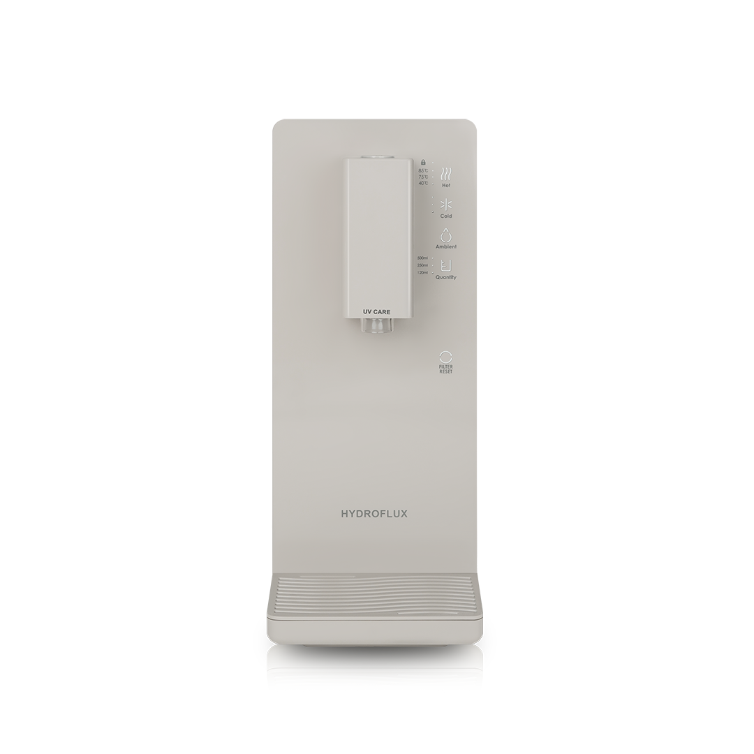 Hydroflux PILSU compact water purifier in Sandy Beige, 170 mm wide countertop unit