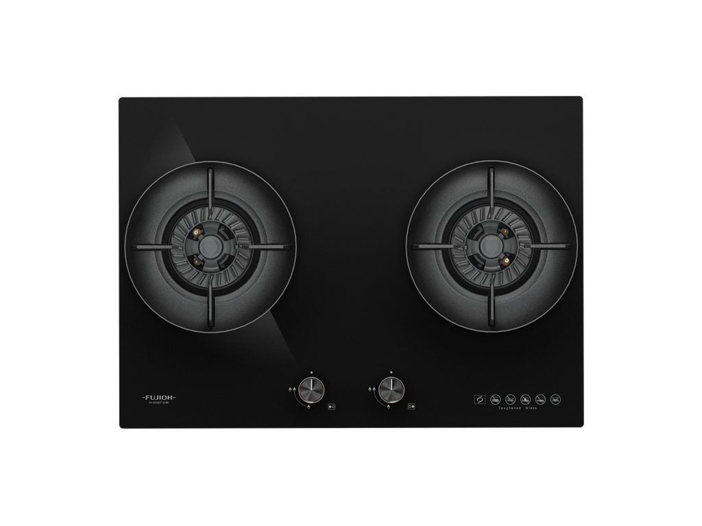Fujioh FH-GS6827 GLBK two-burner gas hob in black glass, 700 mm wide
