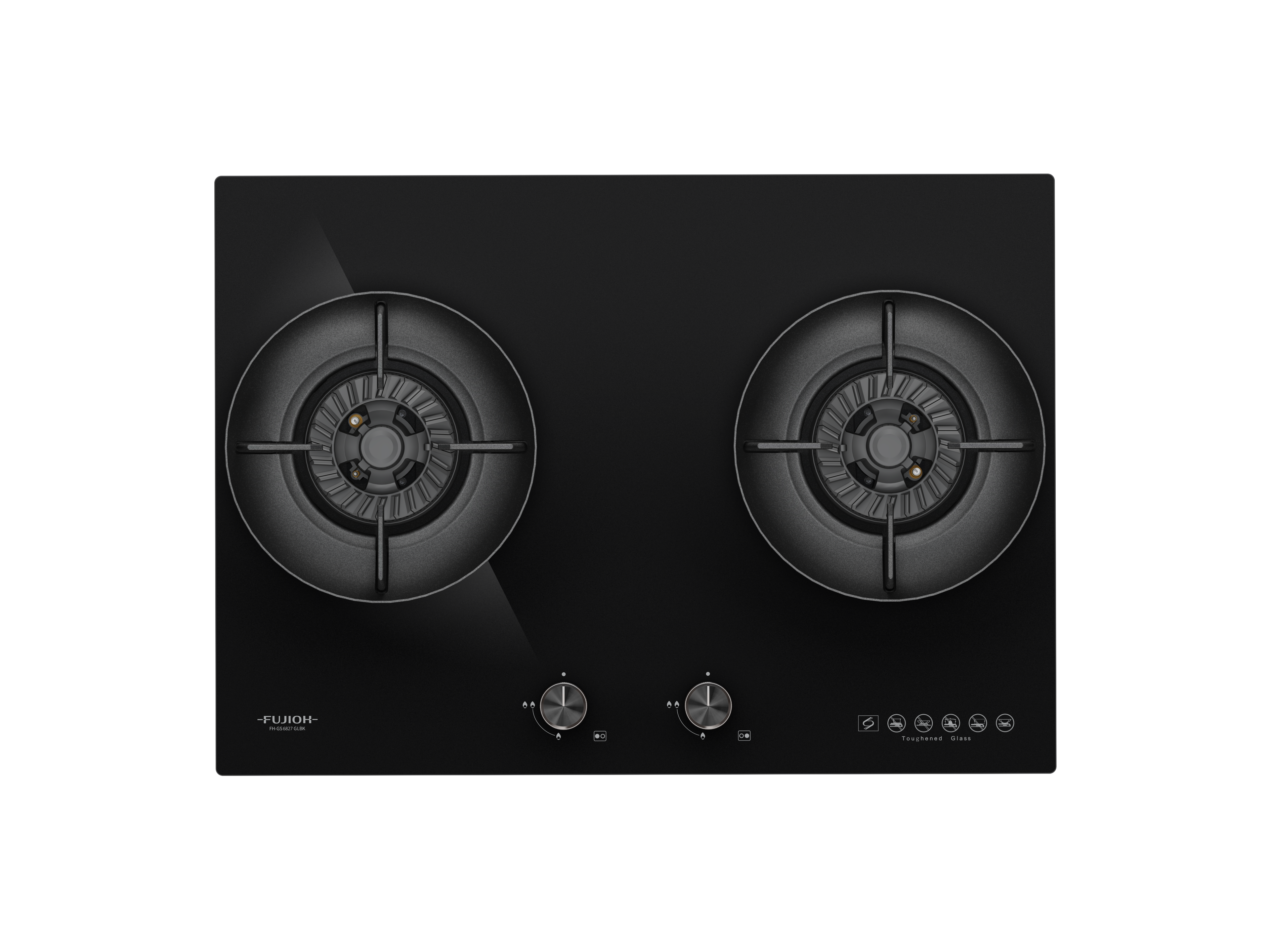 Fujioh FH-GS6827 GLBK two-burner gas hob in black glass, 700 mm wide