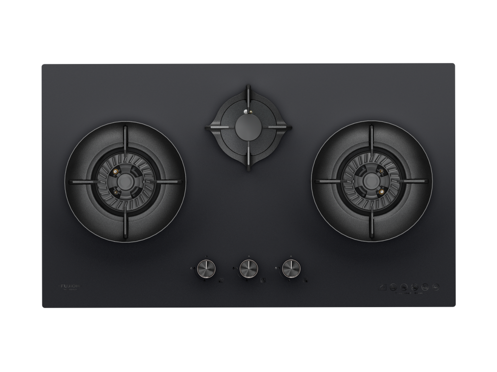 Fujioh FH-GS6830 three-burner gas hob in black glass, 880 mm wide
