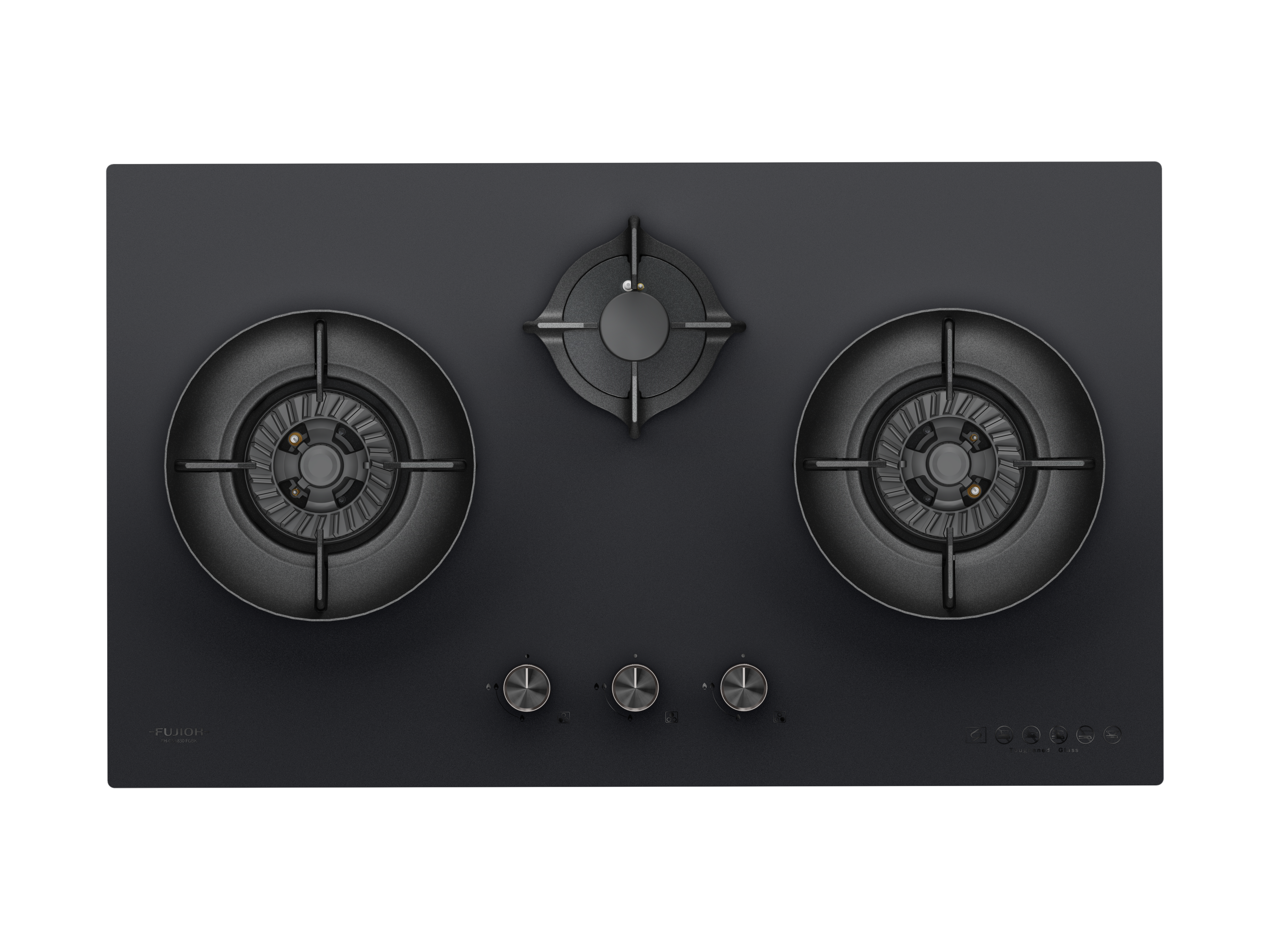 Fujioh FH-GS6830 three-burner gas hob in black glass, 880 mm wide