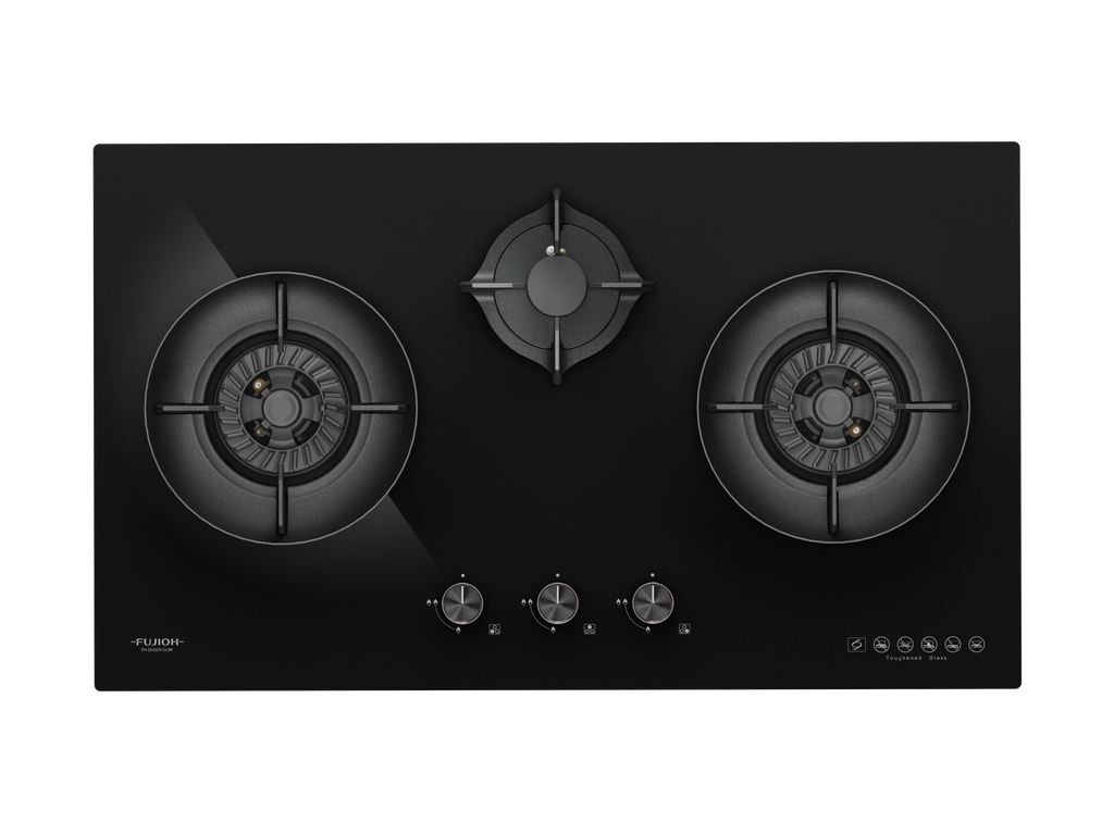 Fujioh FH-GS6830 three-burner gas hob in black glass, further view 2