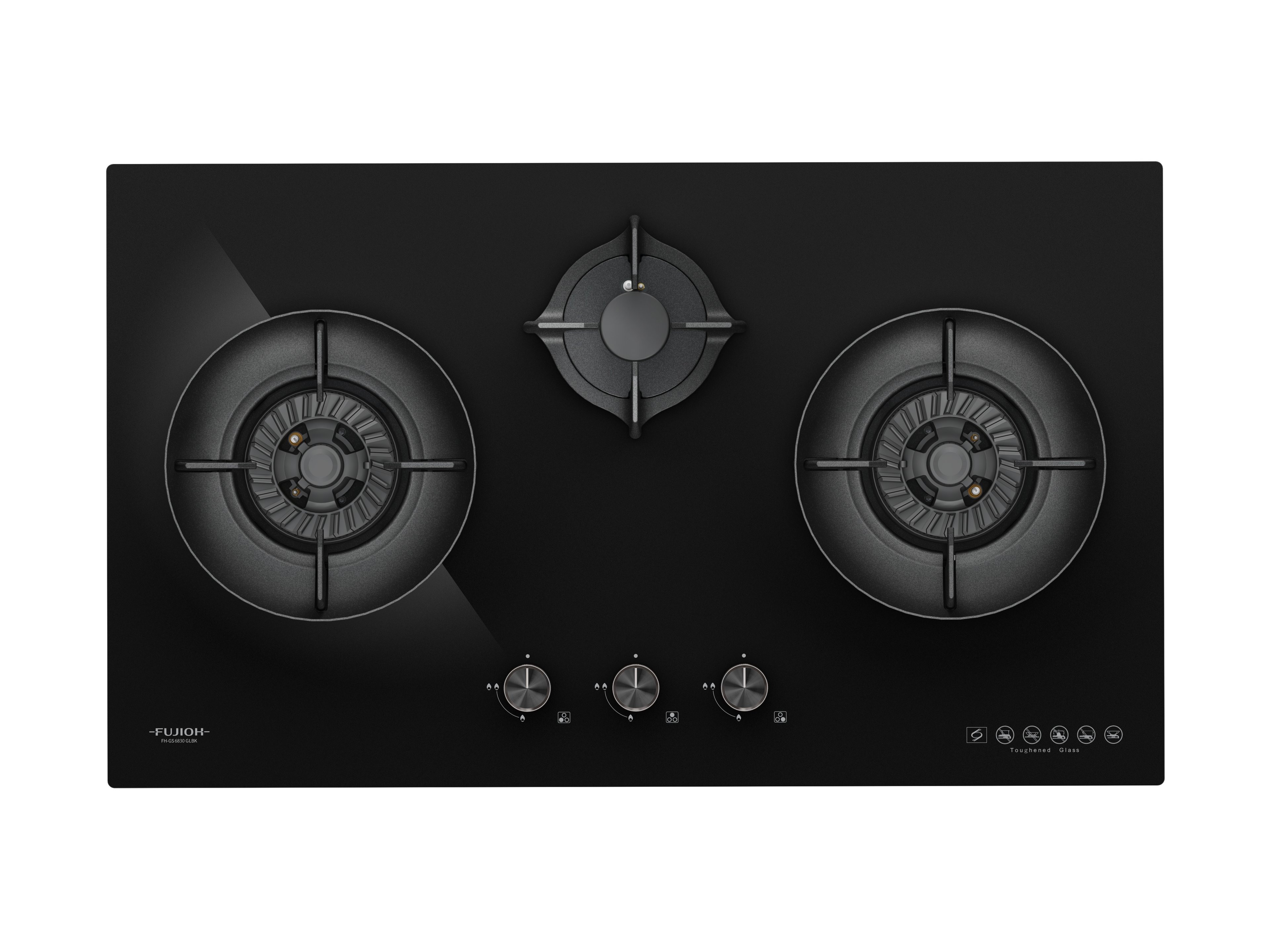 Fujioh FH-GS6830 three-burner gas hob in black glass, further view 2