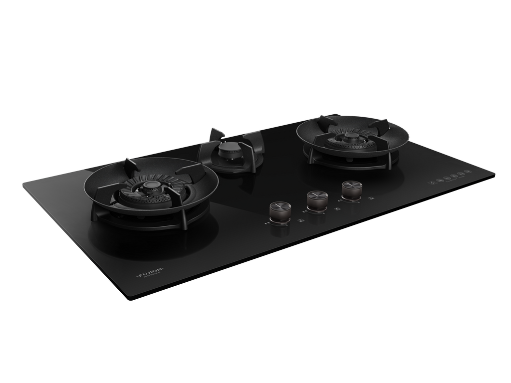 Fujioh FH-GS6830 three-burner gas hob in black glass, further view 6