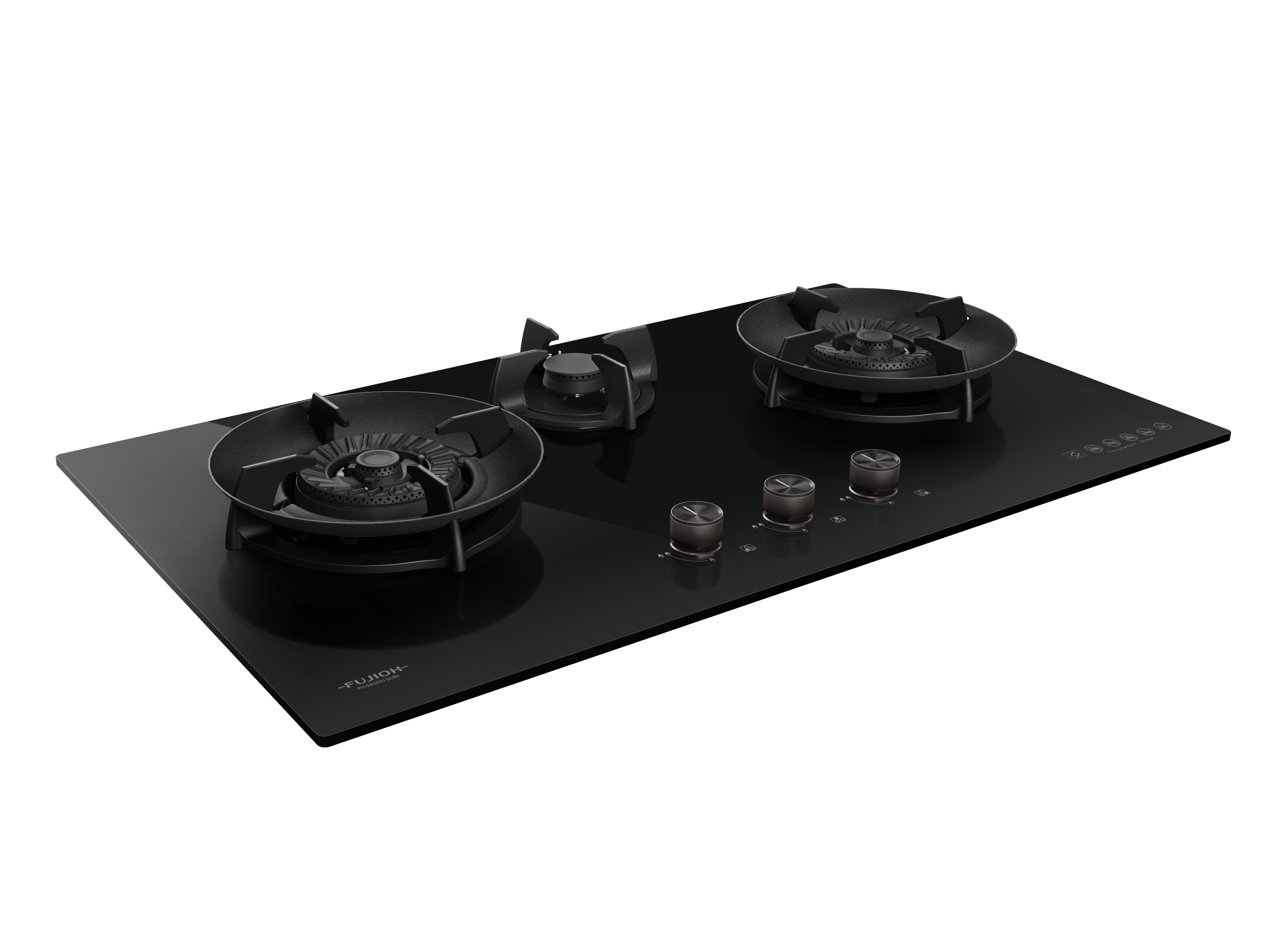 Fujioh FH-GS6830 three-burner gas hob in black glass, further view 6
