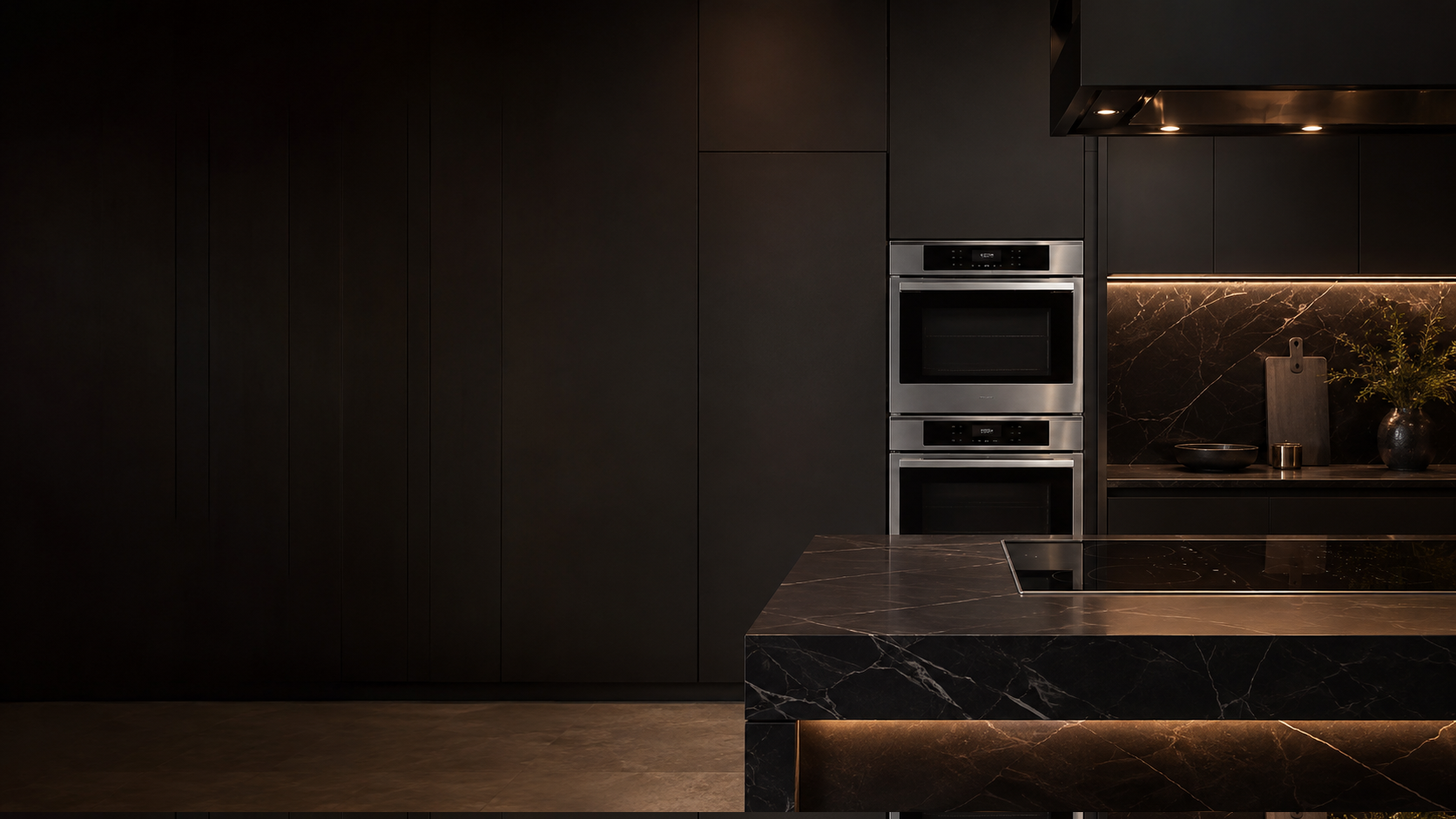 Built-in kitchen appliances in a dark contemporary kitchen
