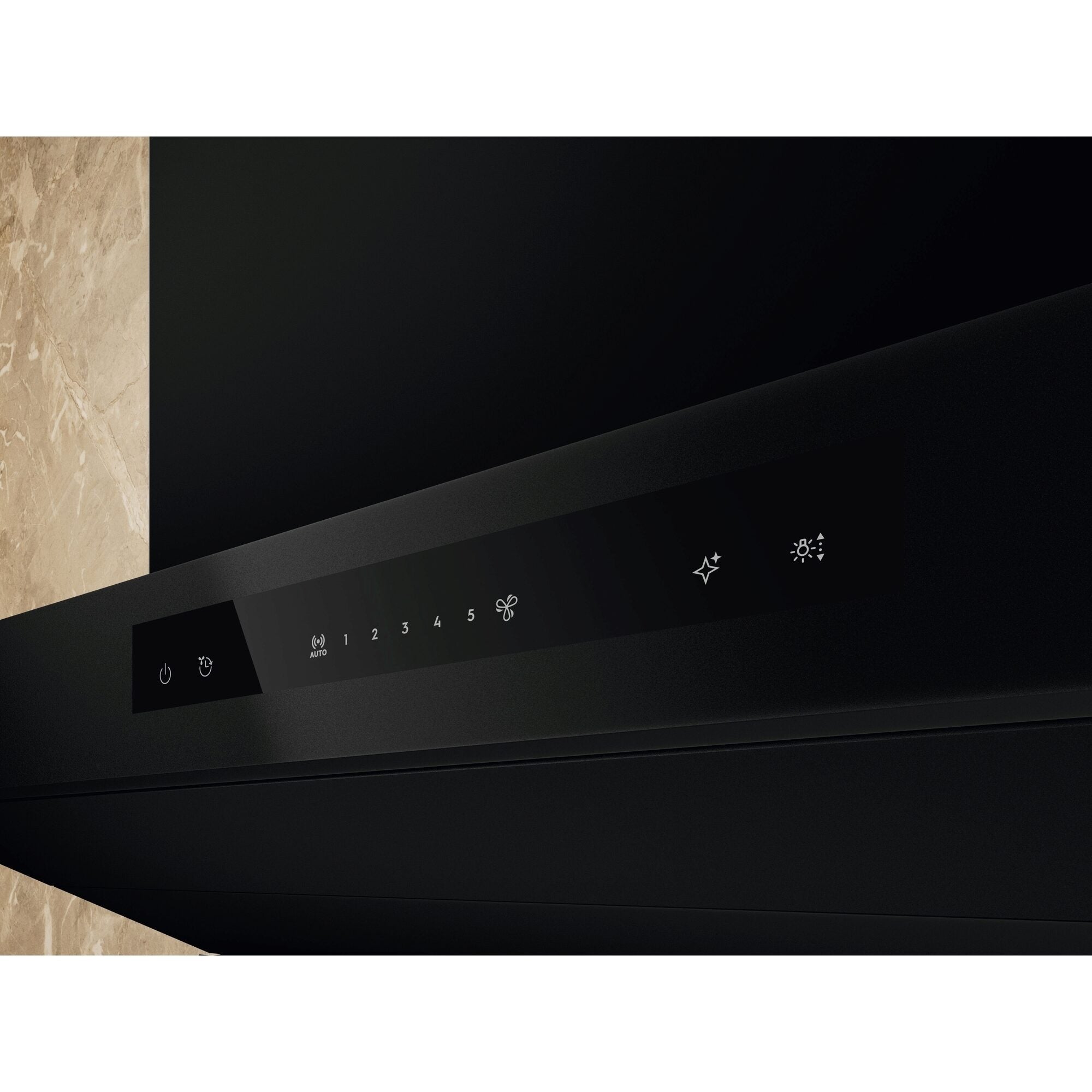 Electrolux ECC9945KB 90 cm slant extractor hood, close-up of the touch control strip with five fan speeds, auto sensing and lighting
