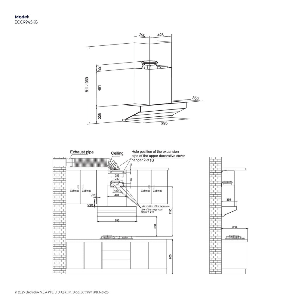 Electrolux ECC9945KB 90 cm slant extractor hood, dimension and installation diagram showing 895 mm width and 365 mm depth