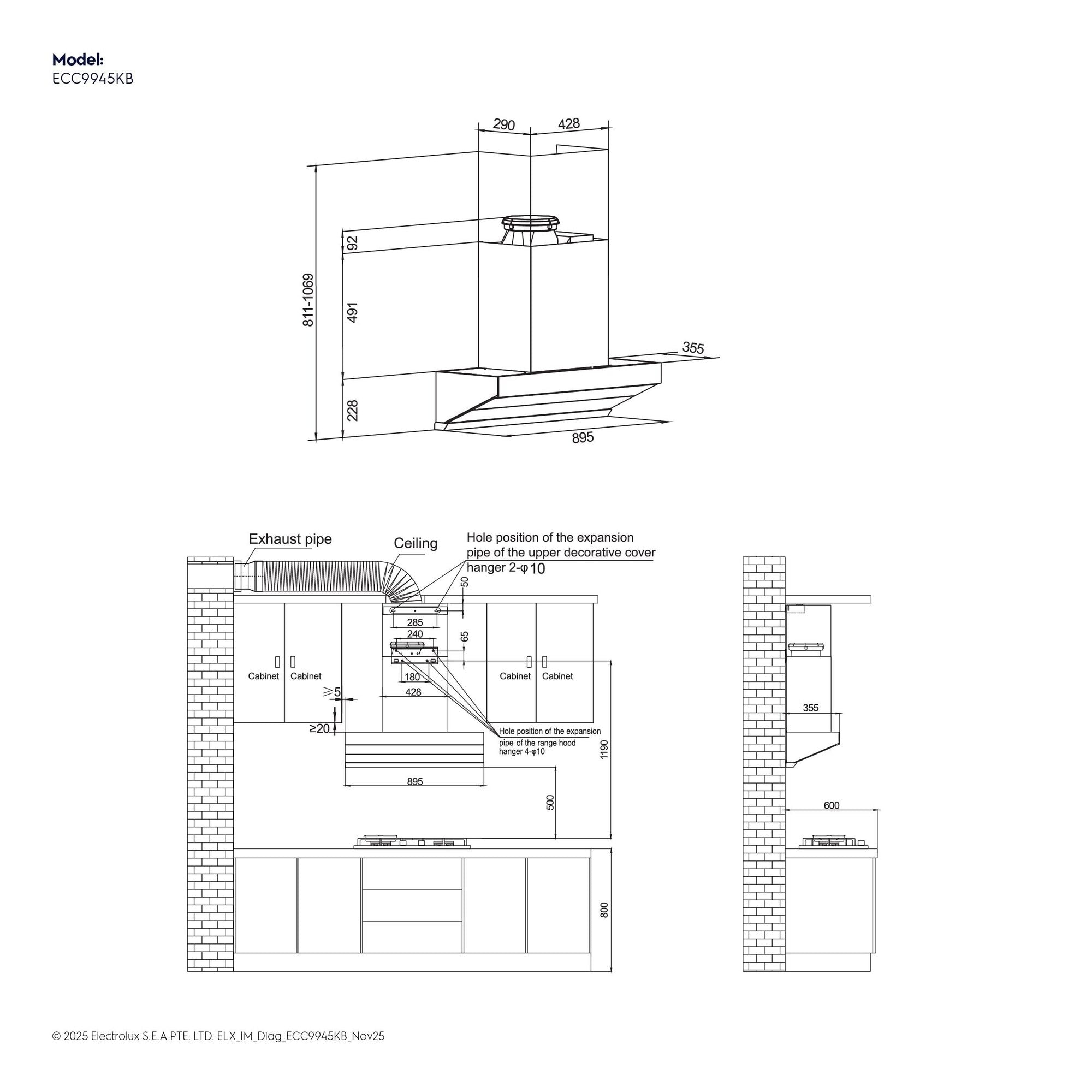 Electrolux ECC9945KB 90 cm slant extractor hood, dimension and installation diagram showing 895 mm width and 365 mm depth