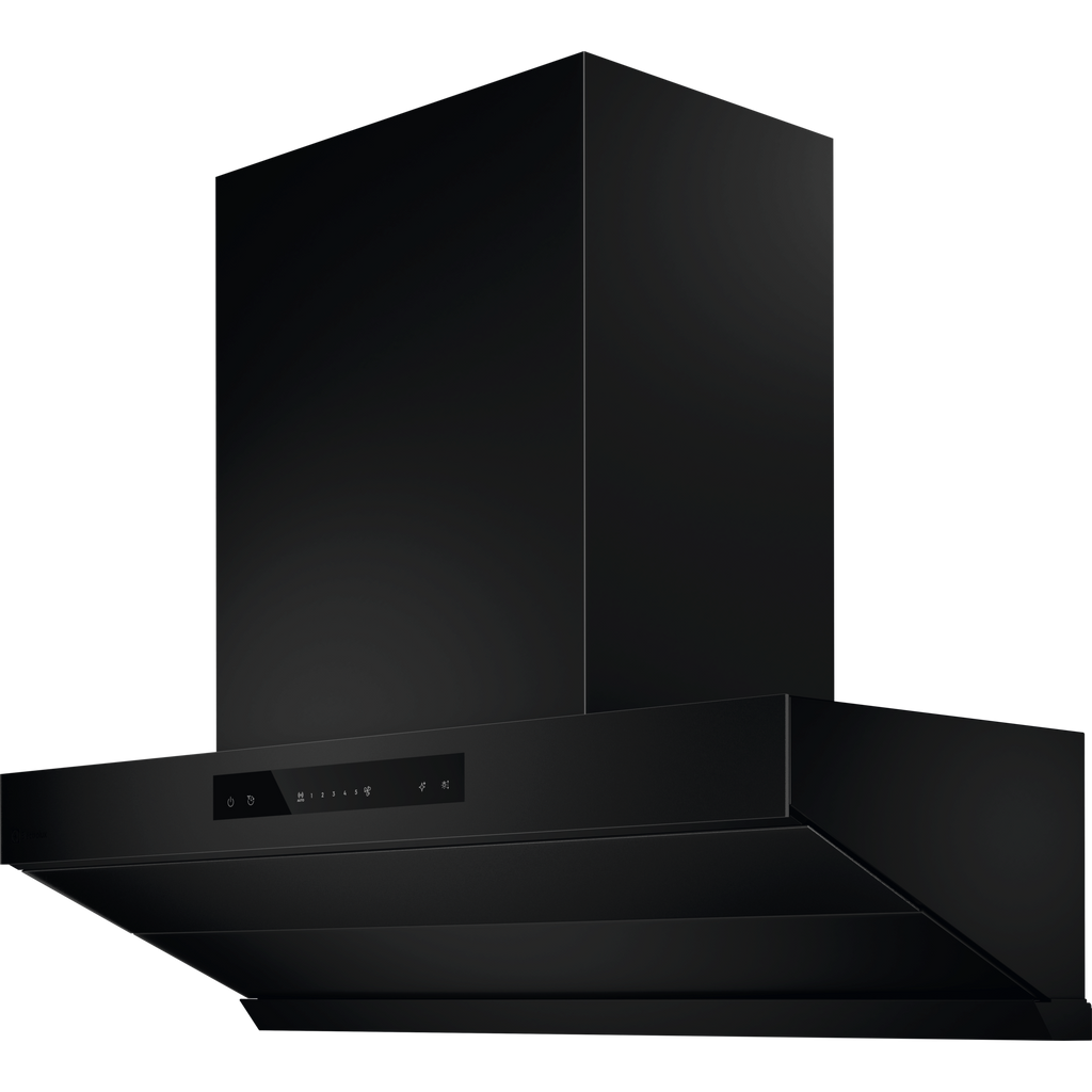 Electrolux ECC9945KB 90 cm slant extractor hood in black glass, angled front view