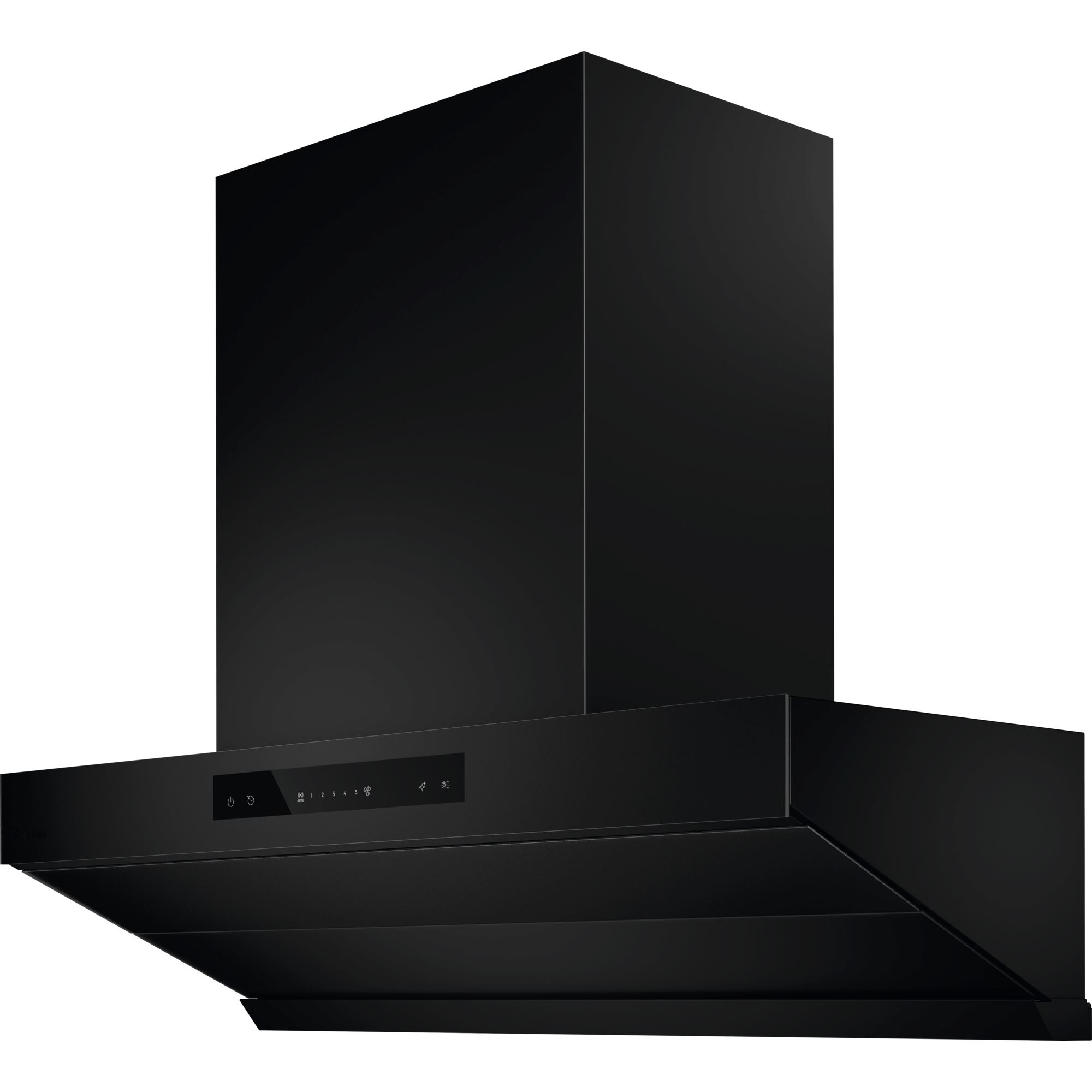 Electrolux ECC9945KB 90 cm slant extractor hood in black glass, angled front view
