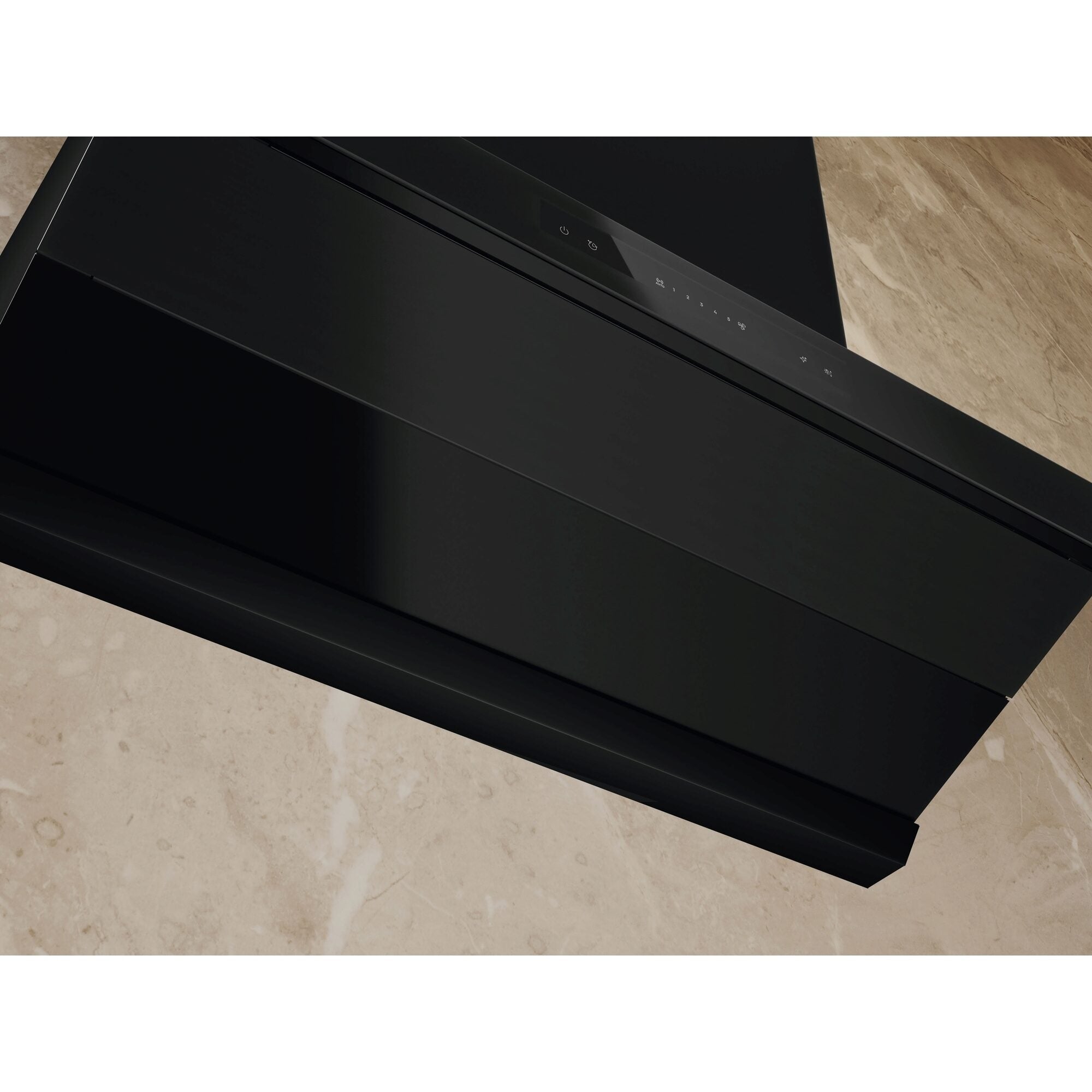 Electrolux ECC9945KB 90 cm slant extractor hood, overhead view of the angled black glass front panel