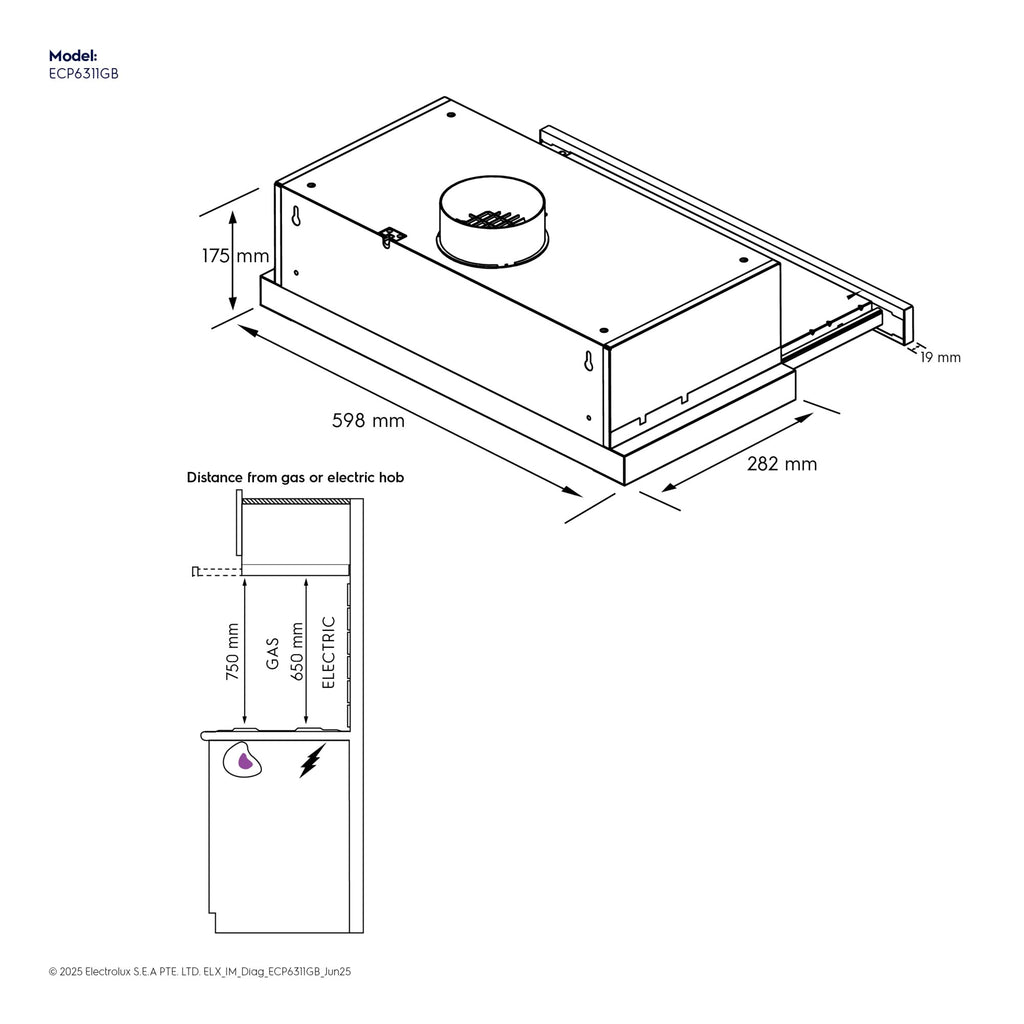ECP6311GB 60cm pull-out extractor hood dimension diagram