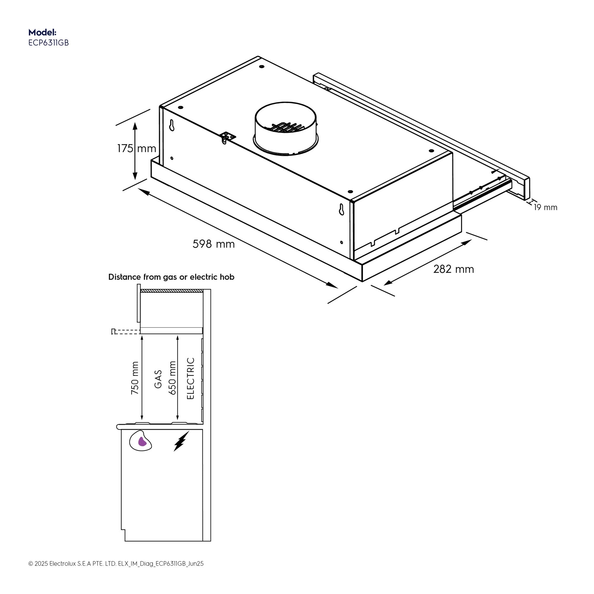 ECP6311GB 60cm pull-out extractor hood dimension diagram