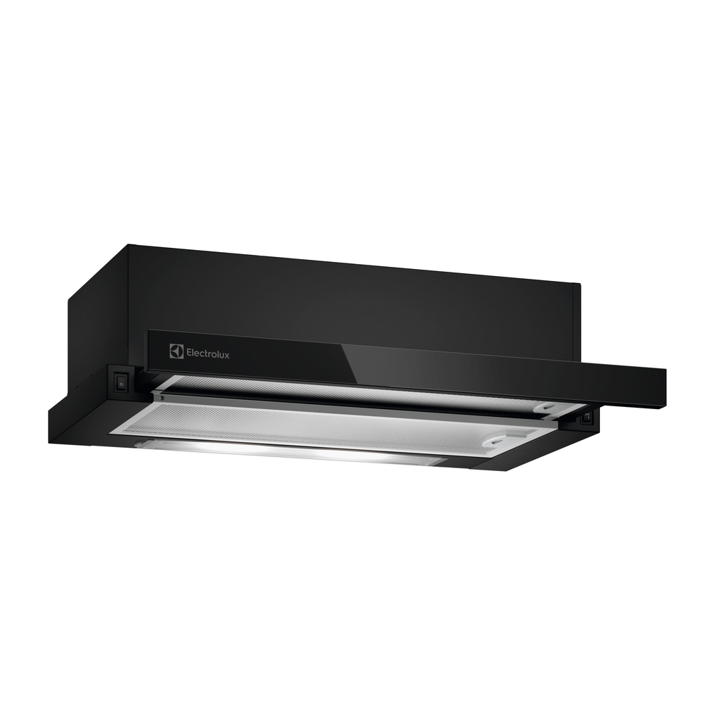 ECP6311GB 60cm pull-out extractor hood angled view with slide-out visor extended