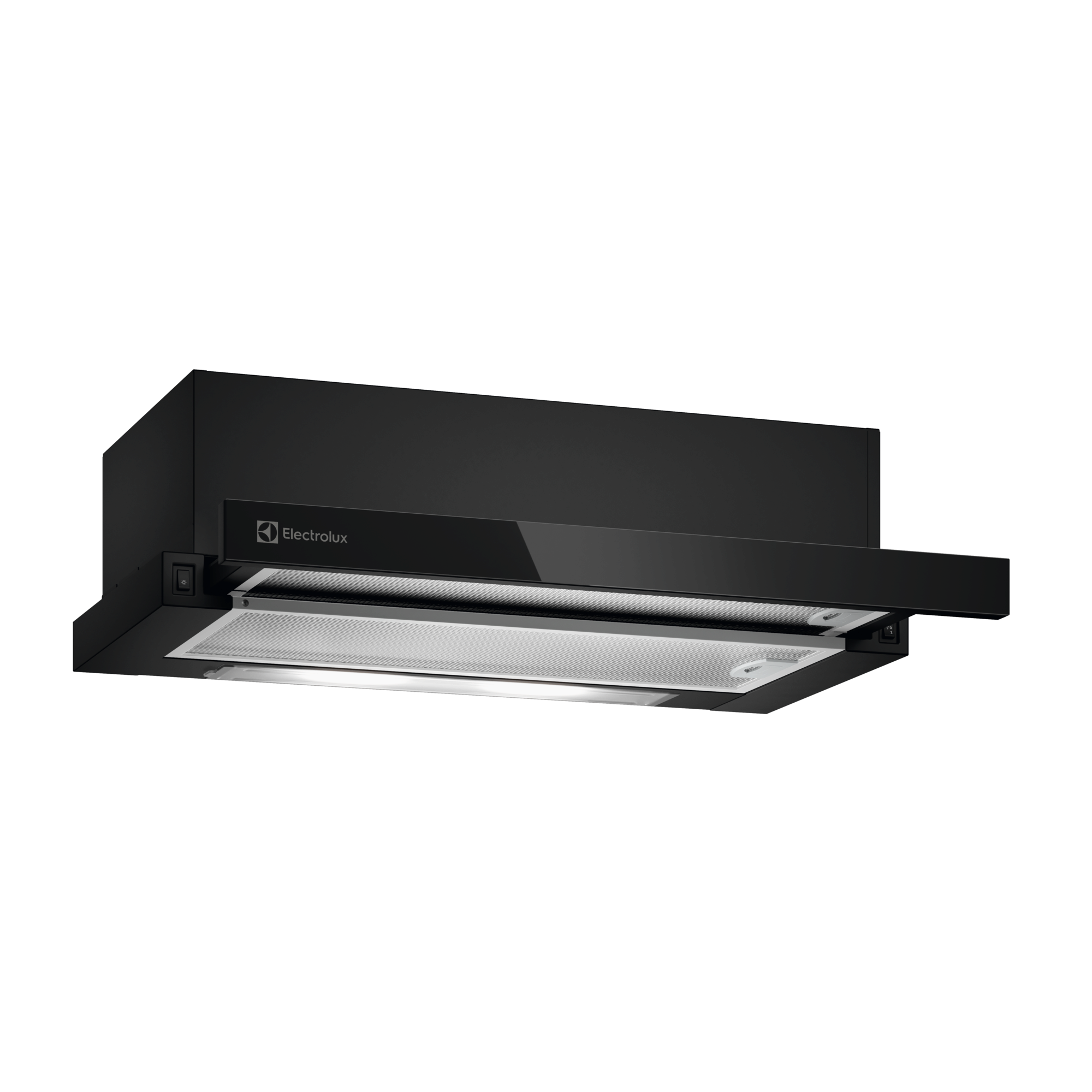 ECP6311GB 60cm pull-out extractor hood angled view with slide-out visor extended