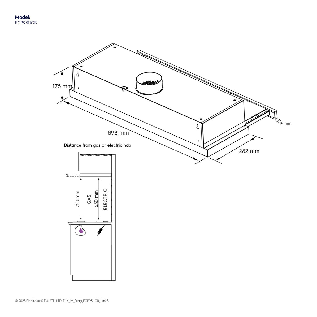 ECP9311GB 90cm pull-out extractor hood dimension diagram