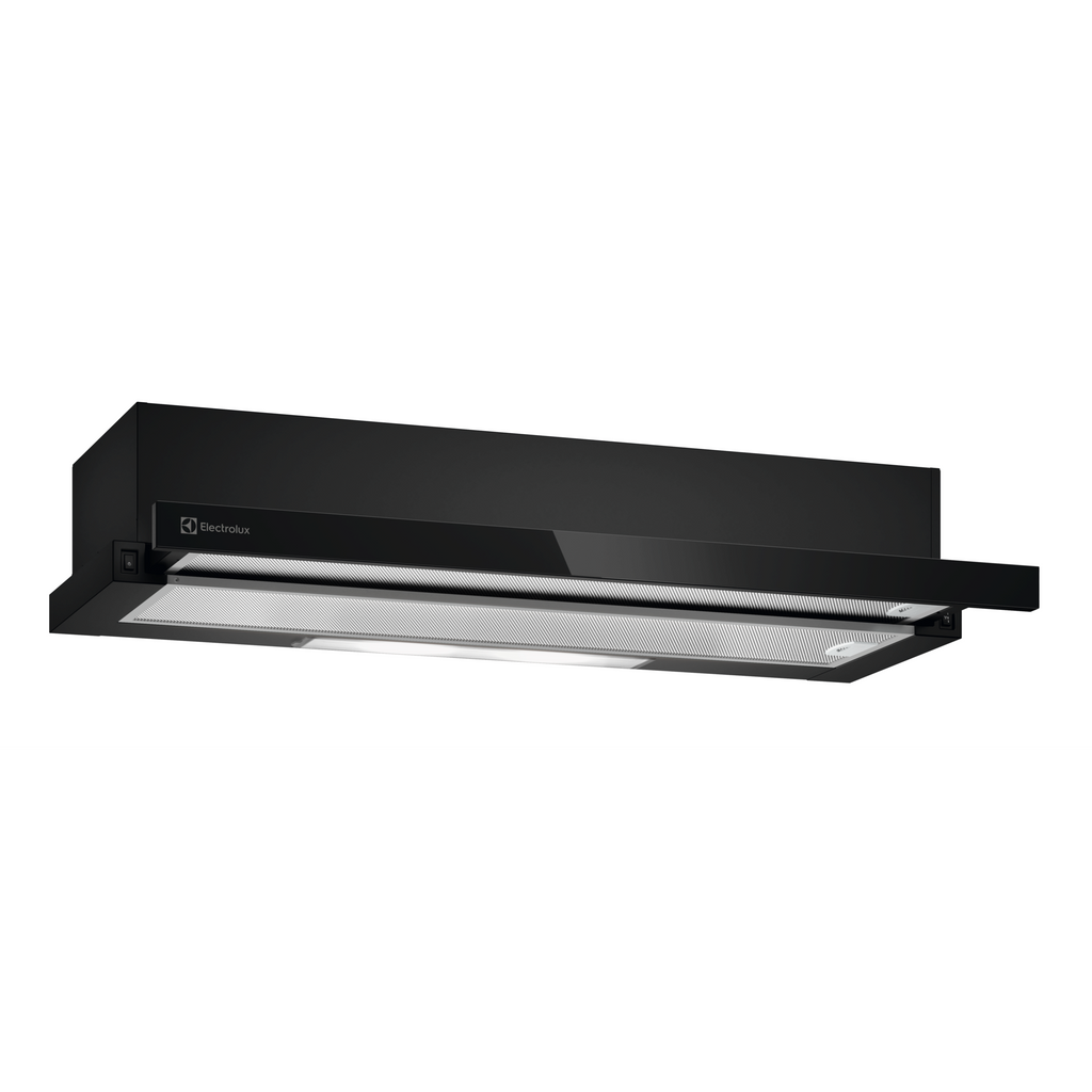 ECP9311GB 90cm pull-out extractor hood angled view with slide-out visor extended