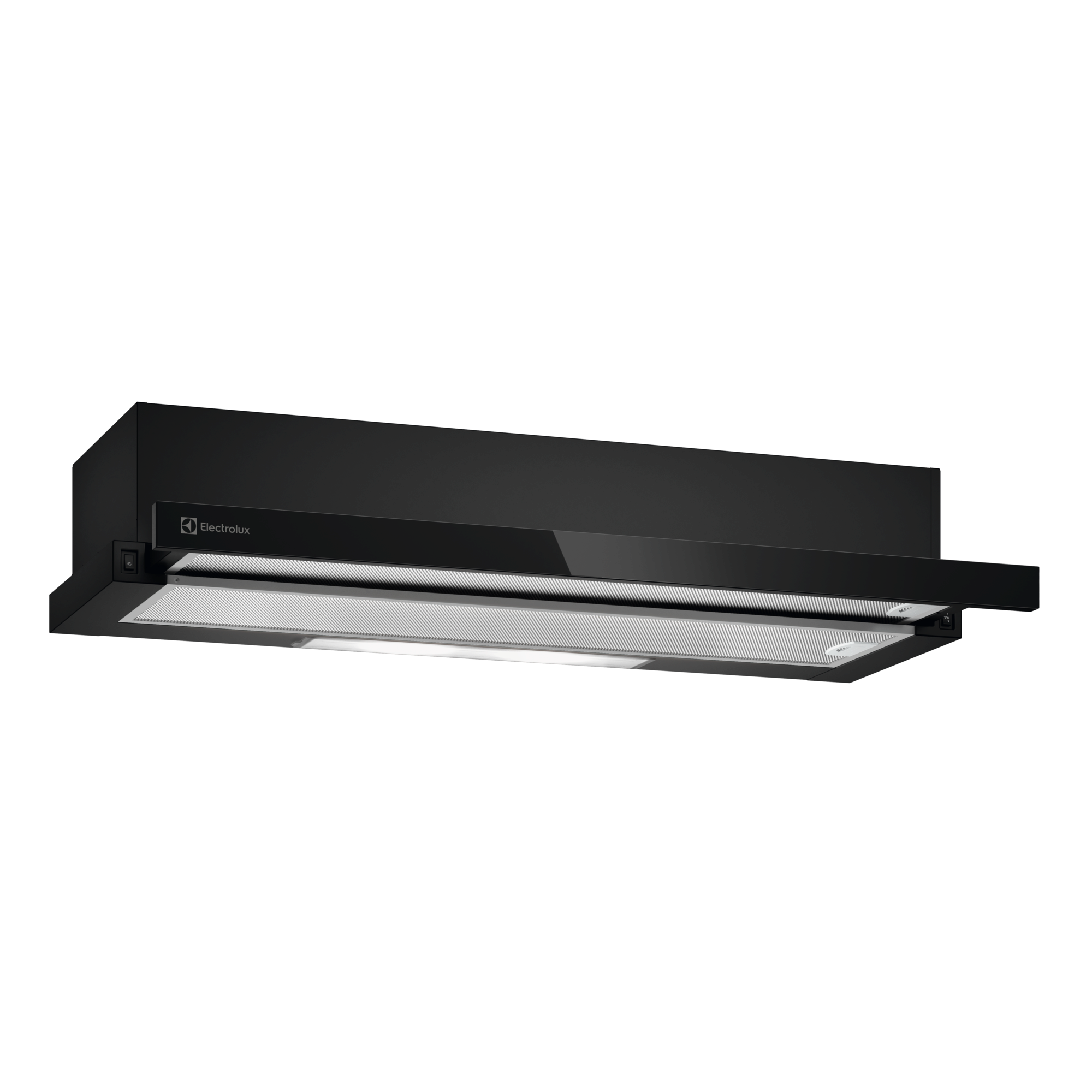 ECP9311GB 90cm pull-out extractor hood angled view with slide-out visor extended