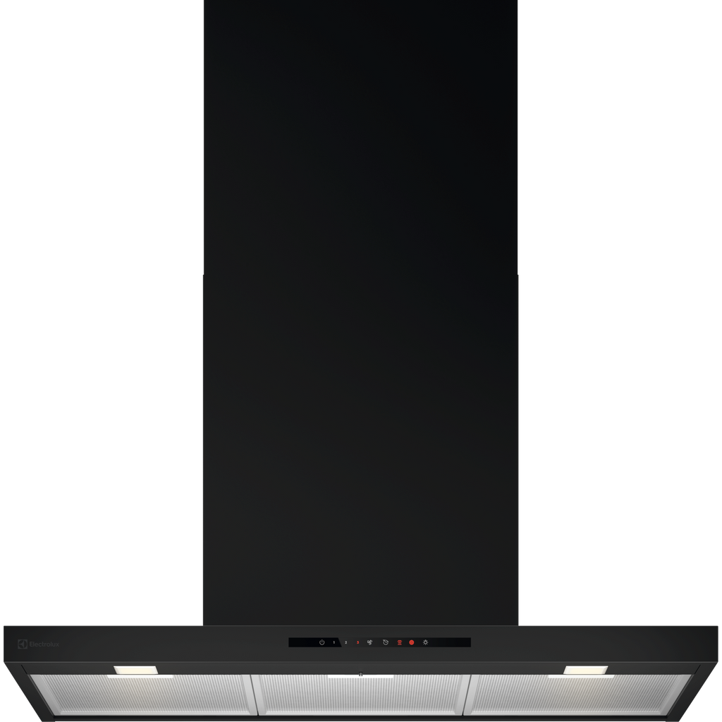 Electrolux ECT9633KB 90 cm 600 Series chimney extractor hood in black, front view with the touch control strip and lit aluminium mesh filters