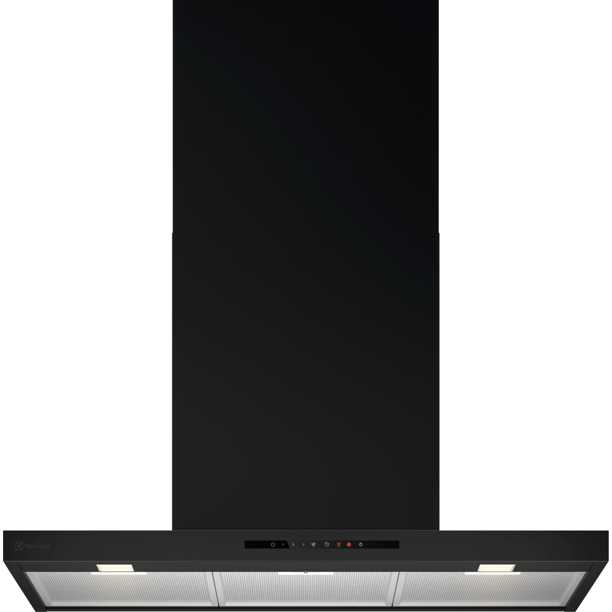 Electrolux ECT9633KB 90 cm 600 Series chimney extractor hood in black, front view with the touch control strip and lit aluminium mesh filters