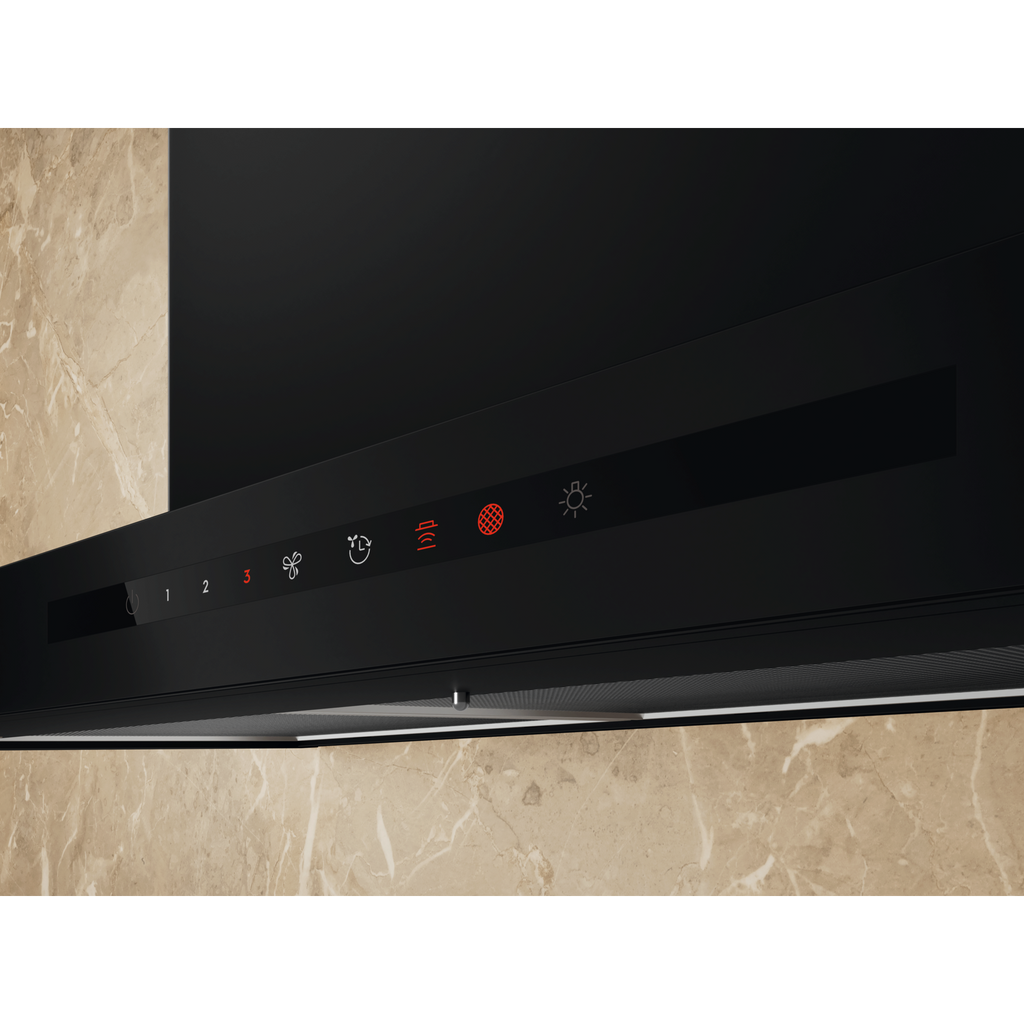 Electrolux ECT9633KB 90 cm 600 Series chimney extractor hood, angled close-up of the touch controls showing fan speeds 1 to 3, timer and lighting against a marble wall