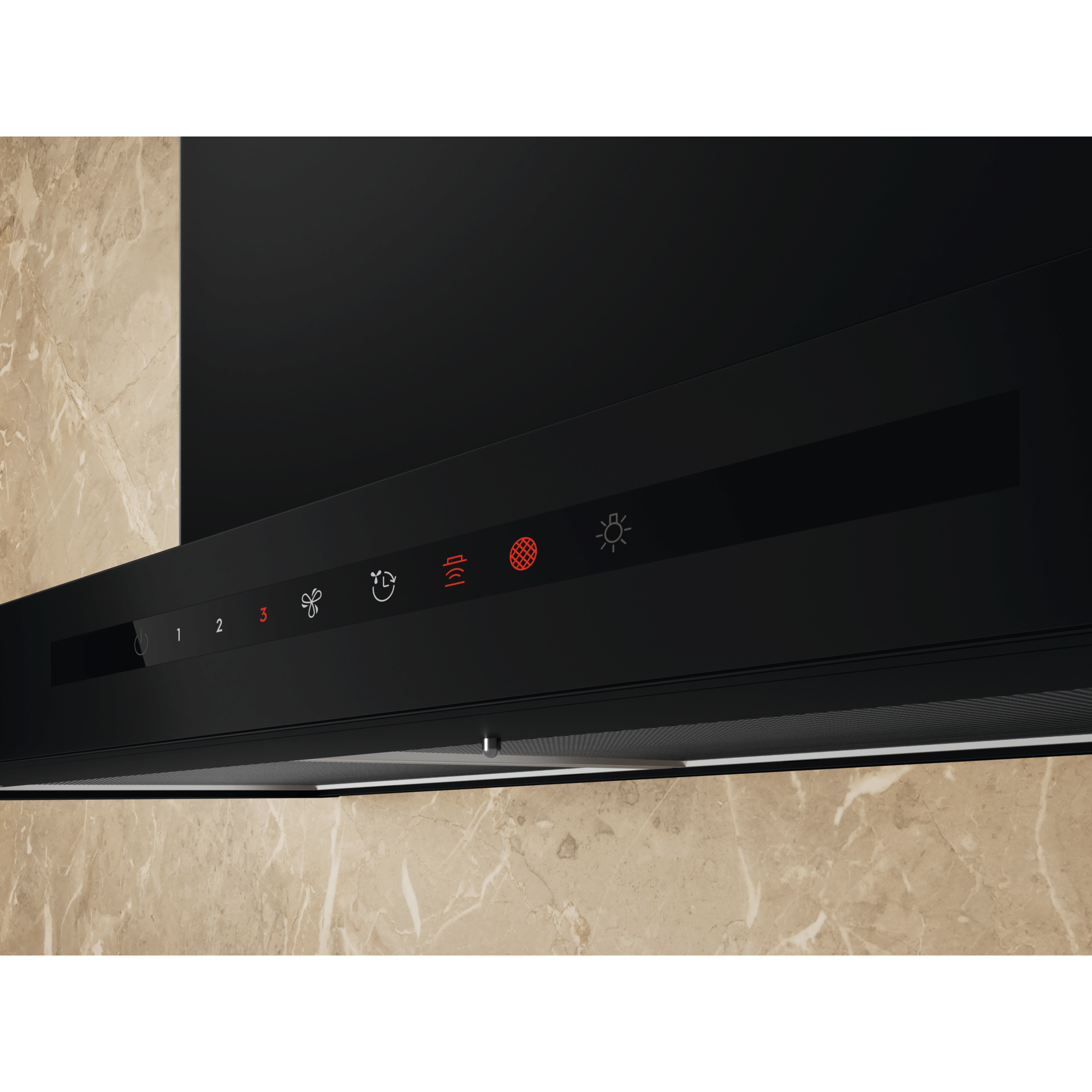 Electrolux ECT9633KB 90 cm 600 Series chimney extractor hood, angled close-up of the touch controls showing fan speeds 1 to 3, timer and lighting against a marble wall