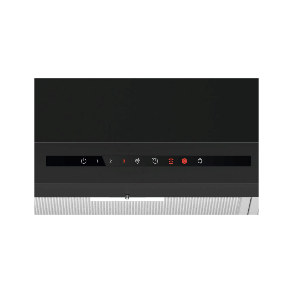 Electrolux ECT9633KB 90 cm 600 Series chimney extractor hood, straight-on close-up of the black touch control panel and filter edge