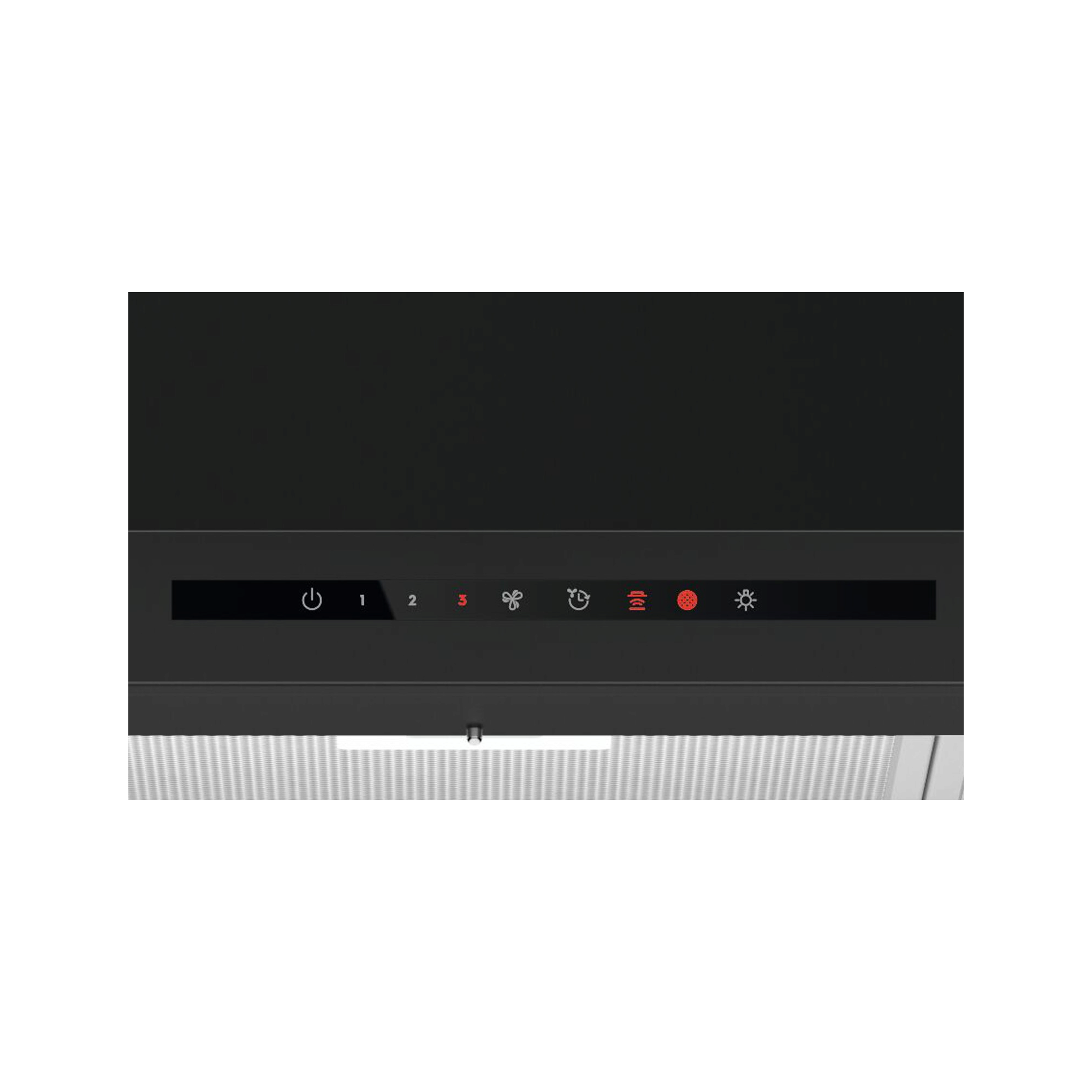 Electrolux ECT9633KB 90 cm 600 Series chimney extractor hood, straight-on close-up of the black touch control panel and filter edge