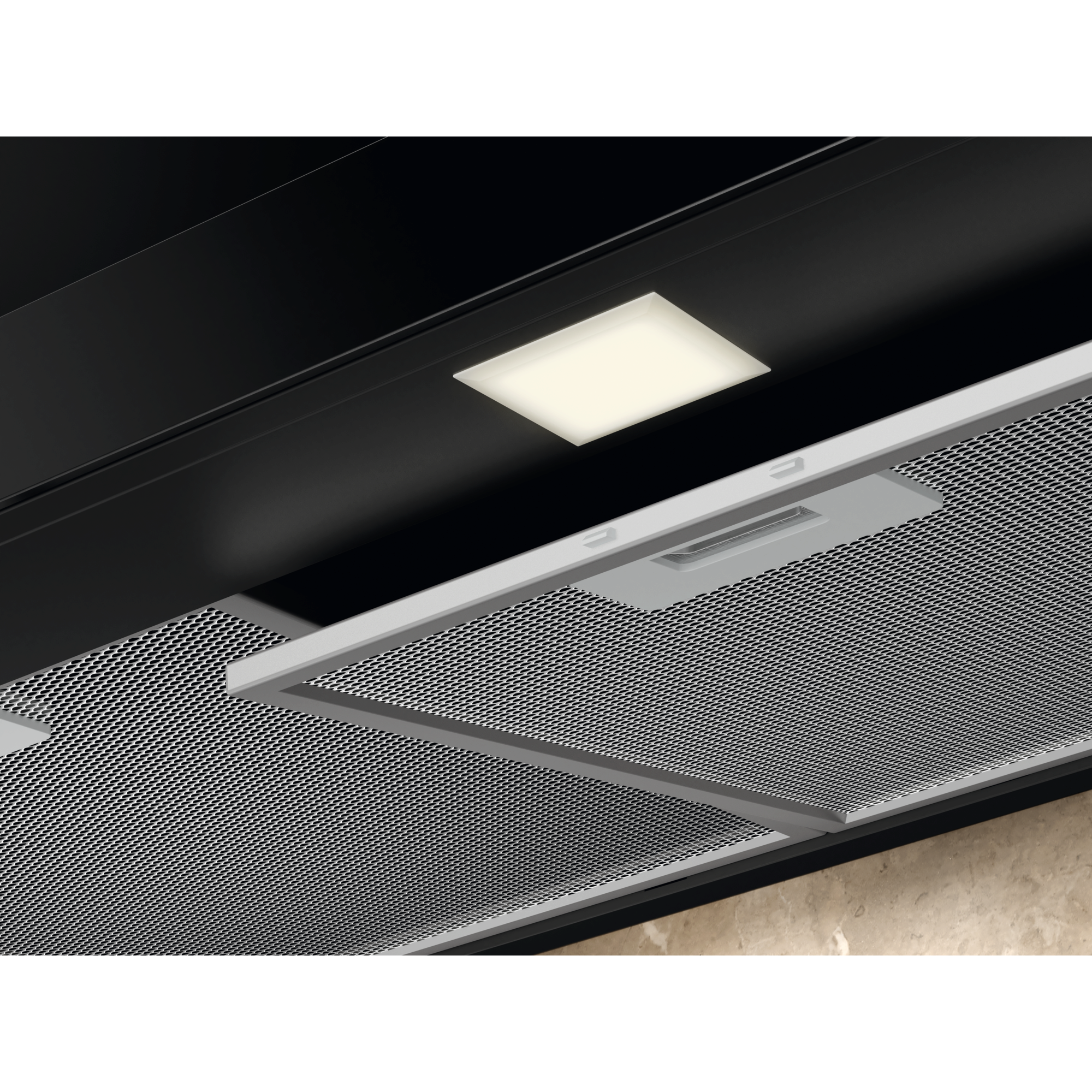Electrolux ECT9633KB 90 cm 600 Series chimney extractor hood, underside close-up of an aluminium mesh grease filter and the LED light panel