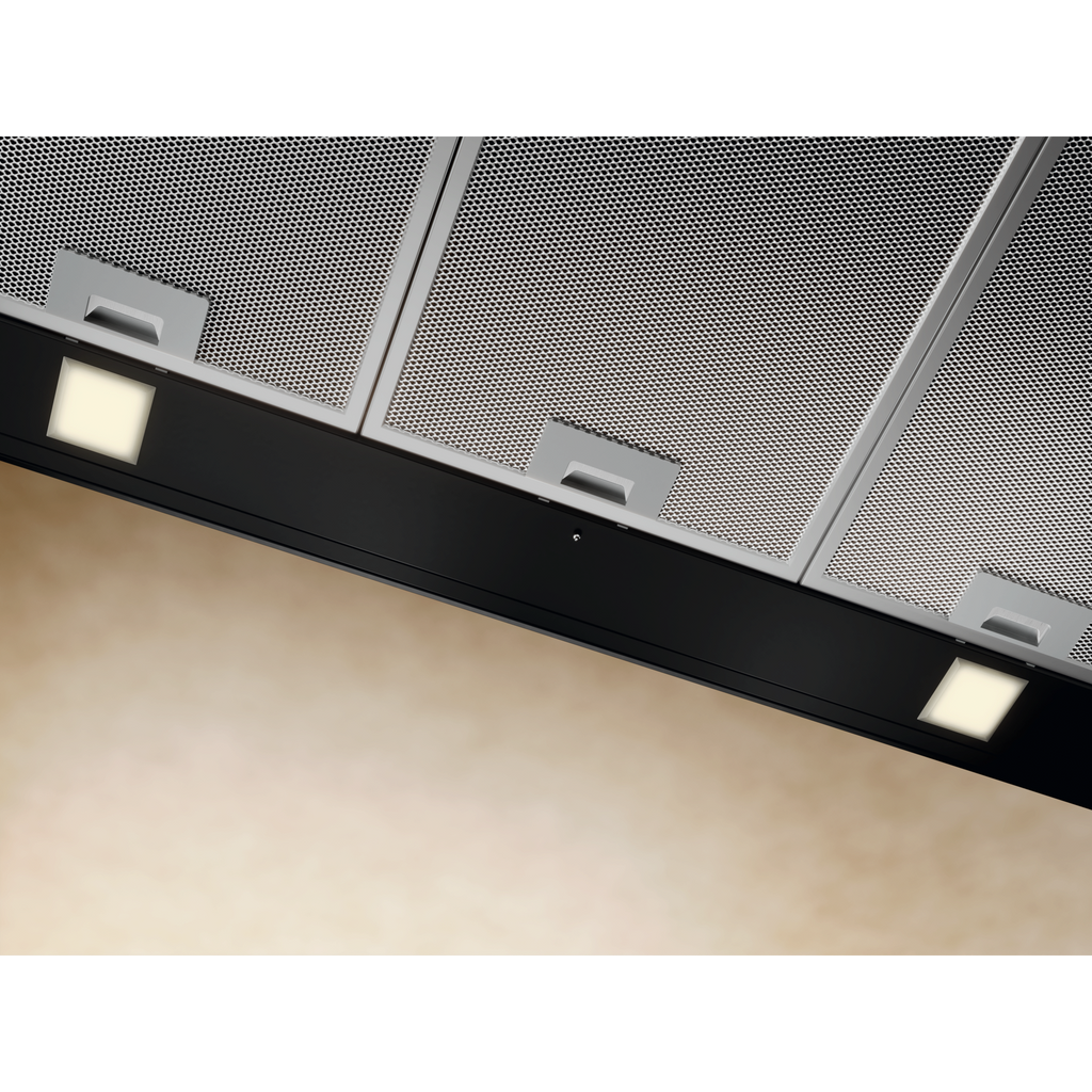 Electrolux ECT9633KB 90 cm 600 Series chimney extractor hood, underside view of the three aluminium mesh filter panels and both LED lights