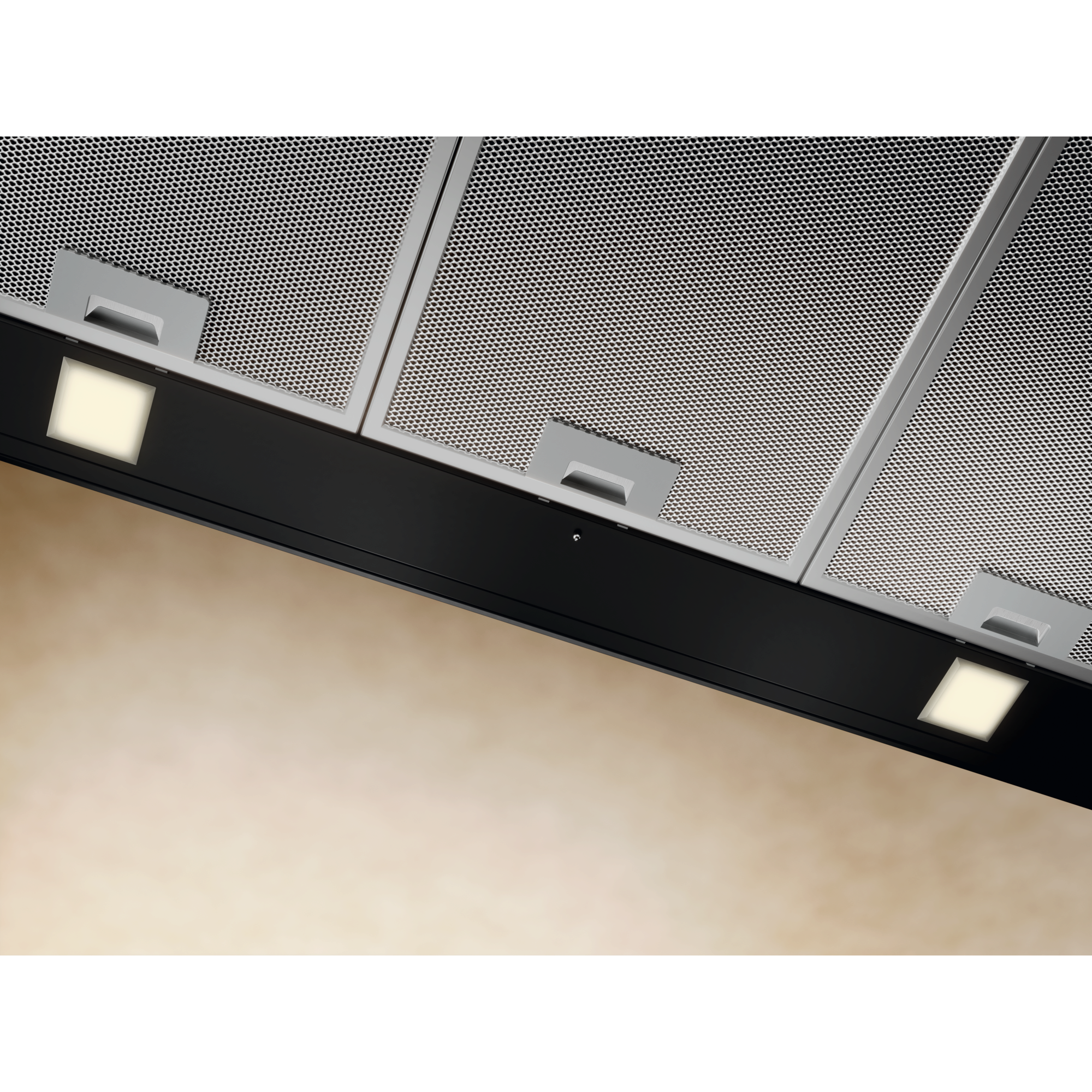 Electrolux ECT9633KB 90 cm 600 Series chimney extractor hood, underside view of the three aluminium mesh filter panels and both LED lights