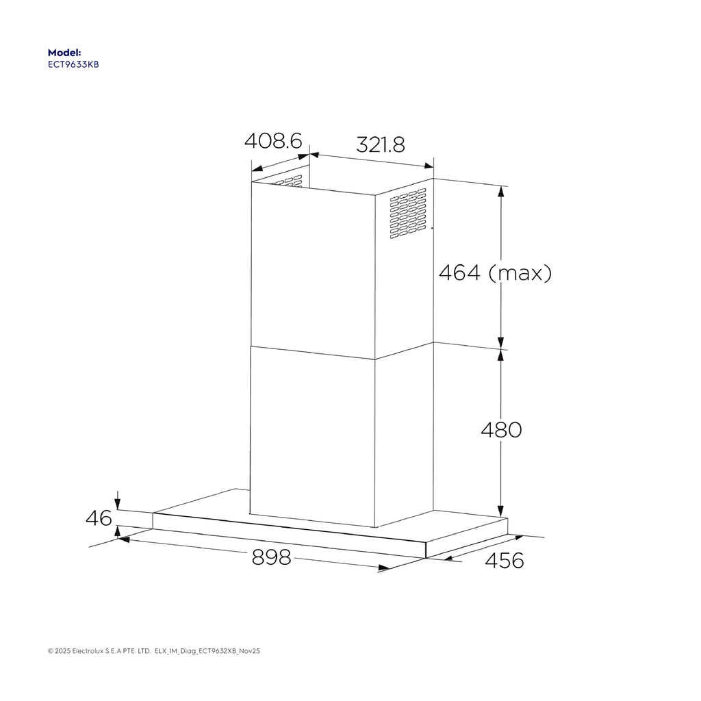 Electrolux ECT9633KB installation dimension diagram, 898 mm wide by 456 mm deep canopy with a chimney extending to 464 mm