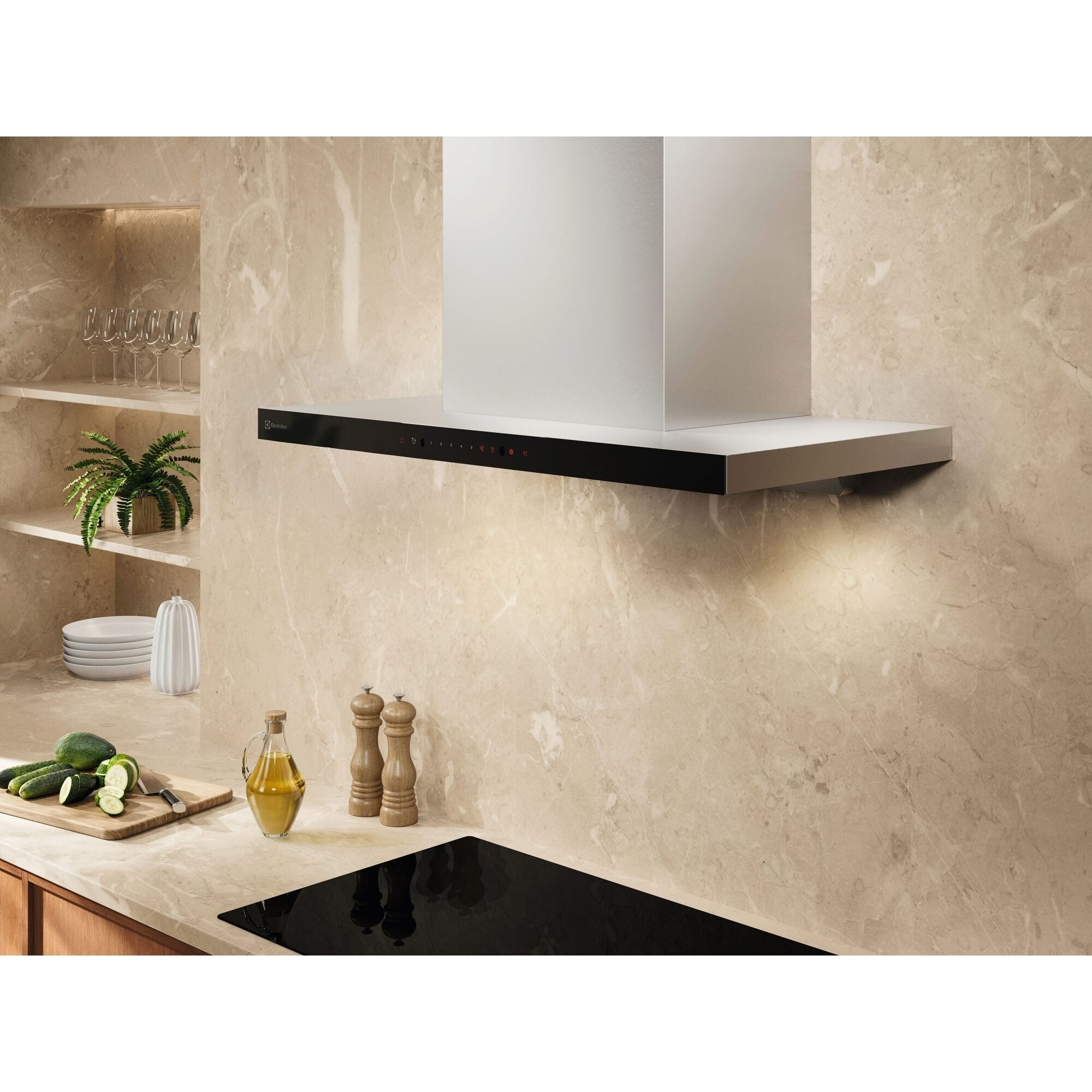 ECT9645XB 90cm chimney extractor hood installed above a hob in a kitchen
