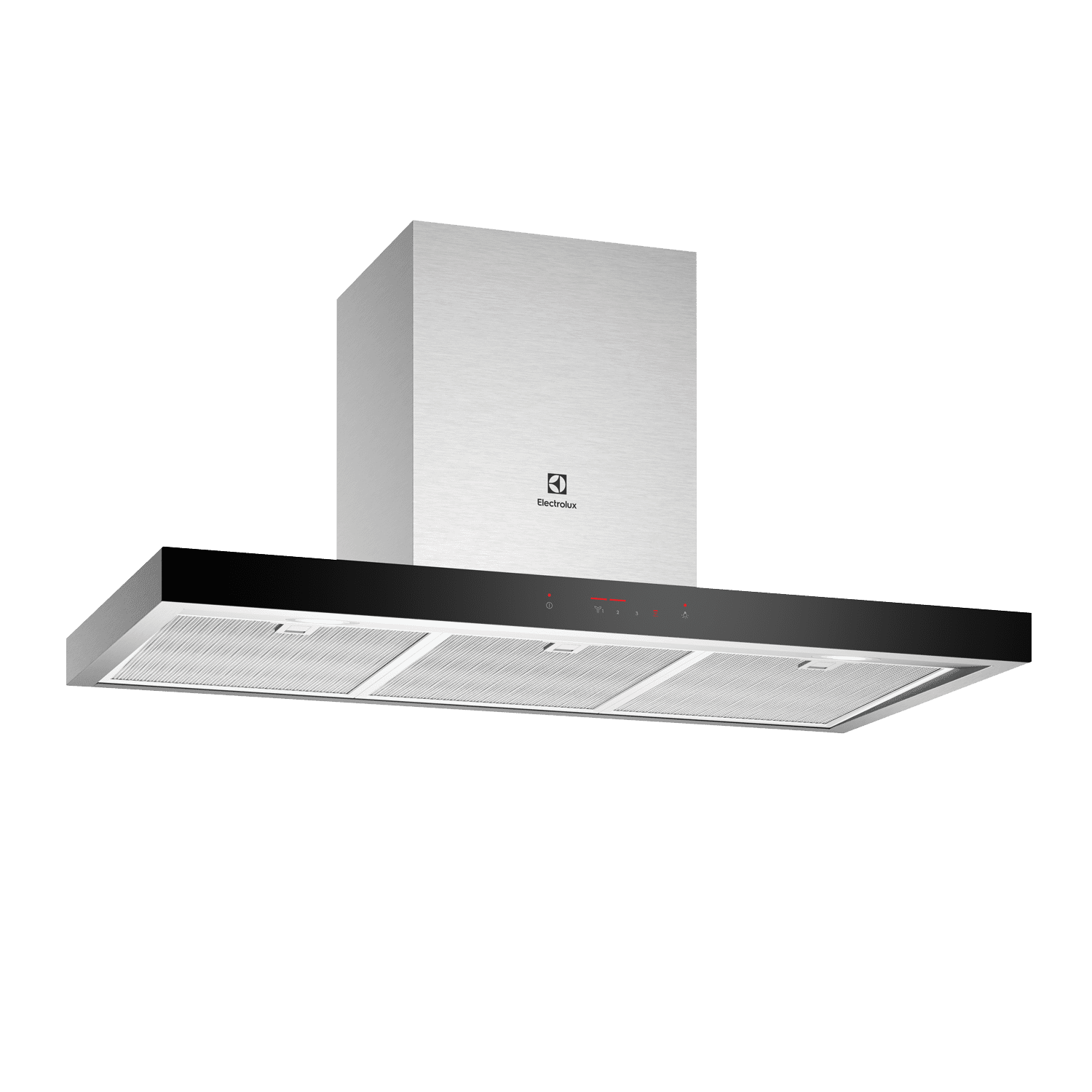 Electrolux ECT9744H 90 cm chimney extractor hood, three-quarter angled view showing the chimney flue and three aluminium mesh filters