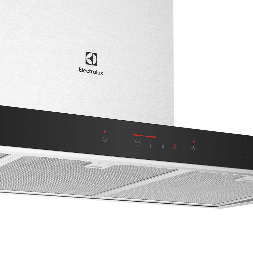 Electrolux ECT9744H 90 cm chimney extractor hood, close-up of the black glass touch control strip with three fan speeds and boost
