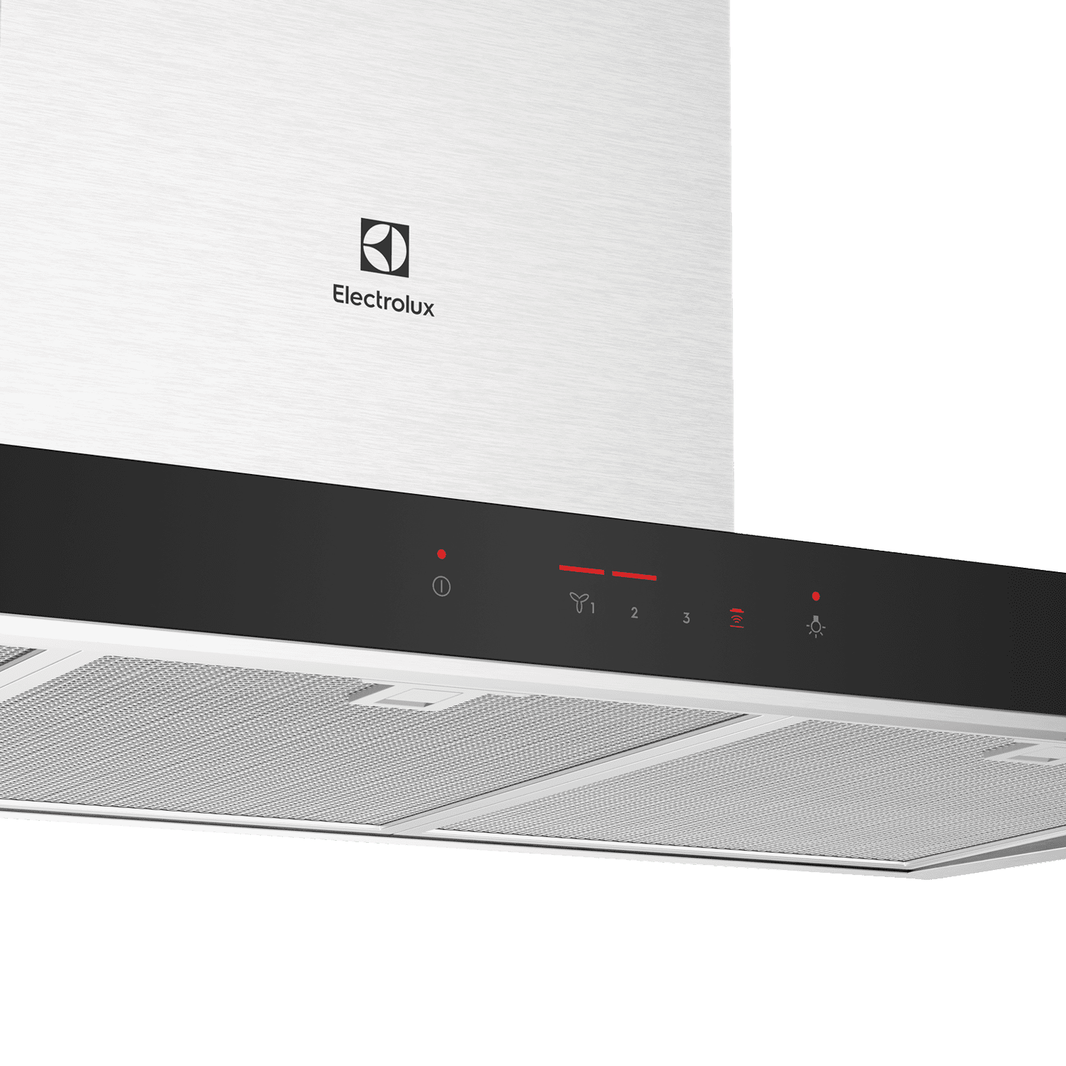 Electrolux ECT9744H 90 cm chimney extractor hood, close-up of the black glass touch control strip with three fan speeds and boost