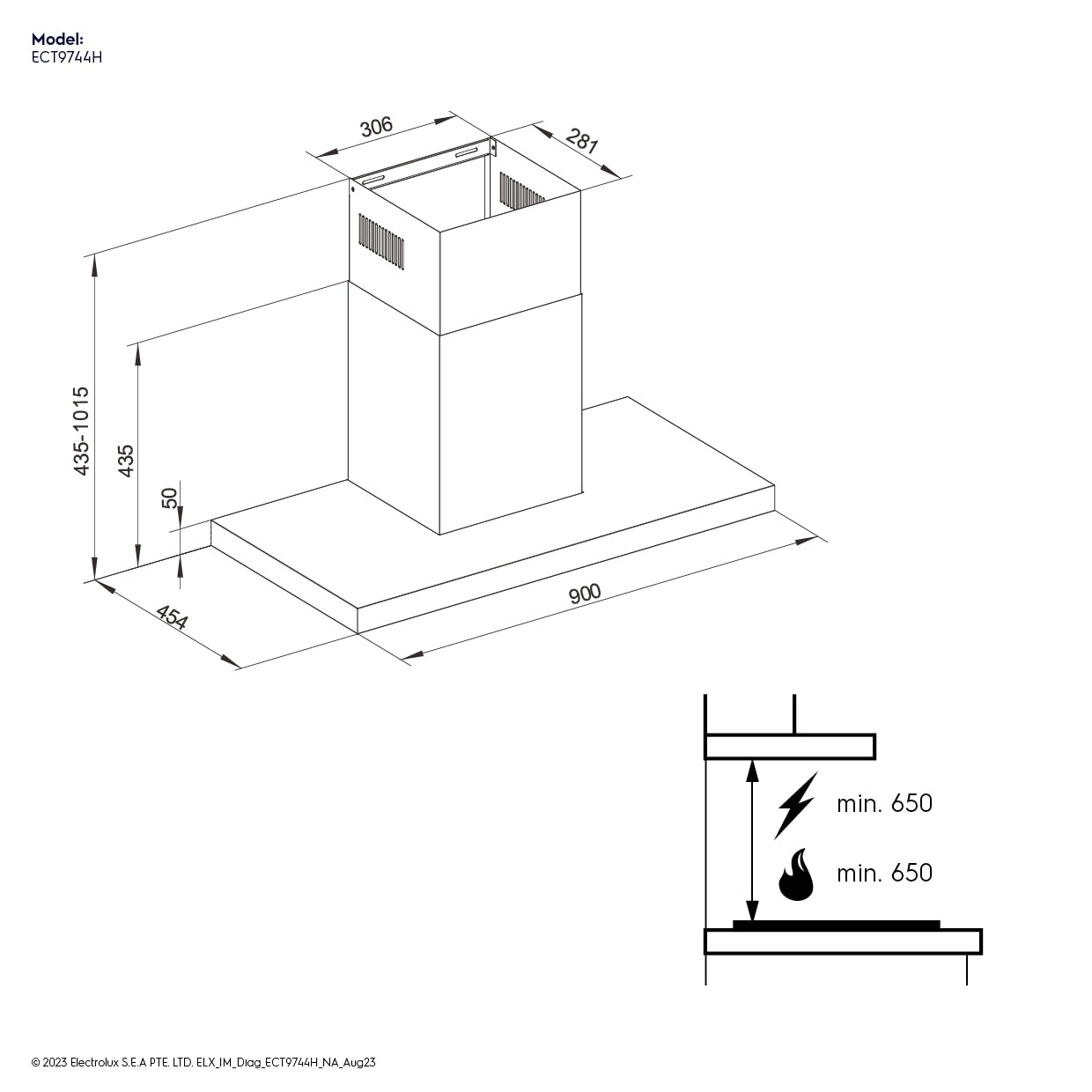 Electrolux ECT9744H 90 cm chimney extractor hood, dimension diagram showing 900 mm width, 464 mm depth and adjustable 435 to 1015 mm height