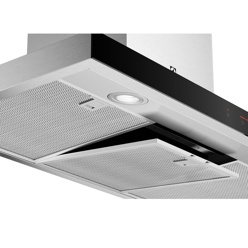 Electrolux ECT9744H 90 cm chimney extractor hood with a removable aluminium grease filter tilted open for cleaning