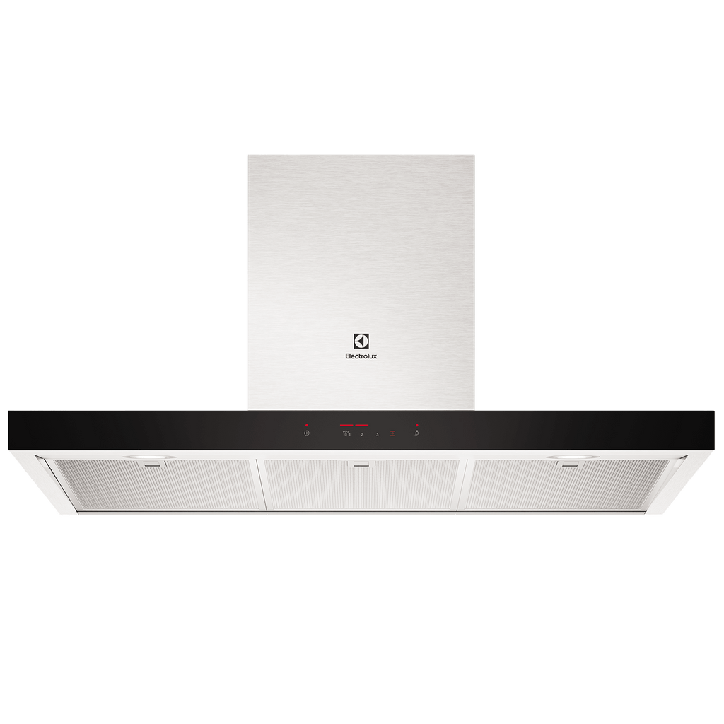 Electrolux ECT9744H 90 cm chimney extractor hood in stainless steel with black glass control strip, front view