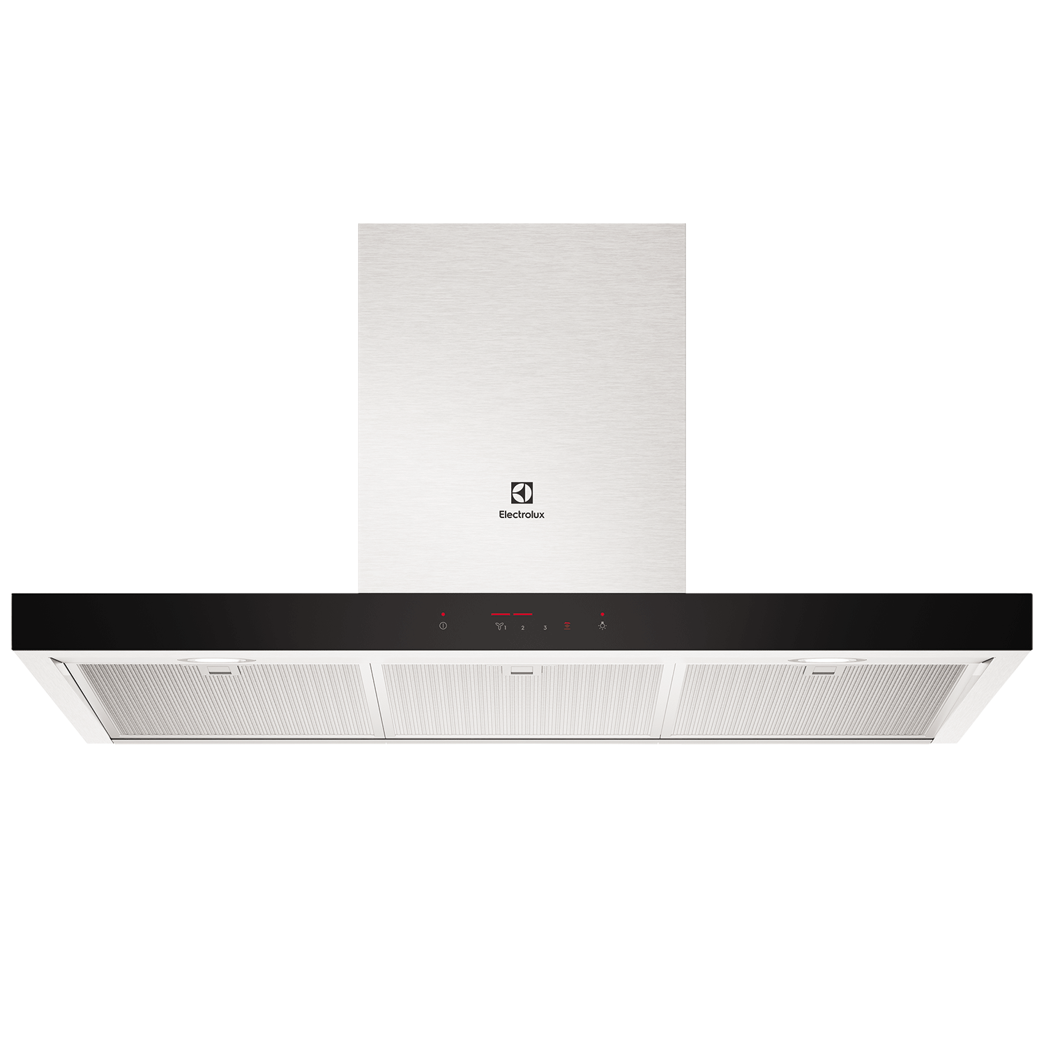 Electrolux ECT9744H 90 cm chimney extractor hood in stainless steel with black glass control strip, front view