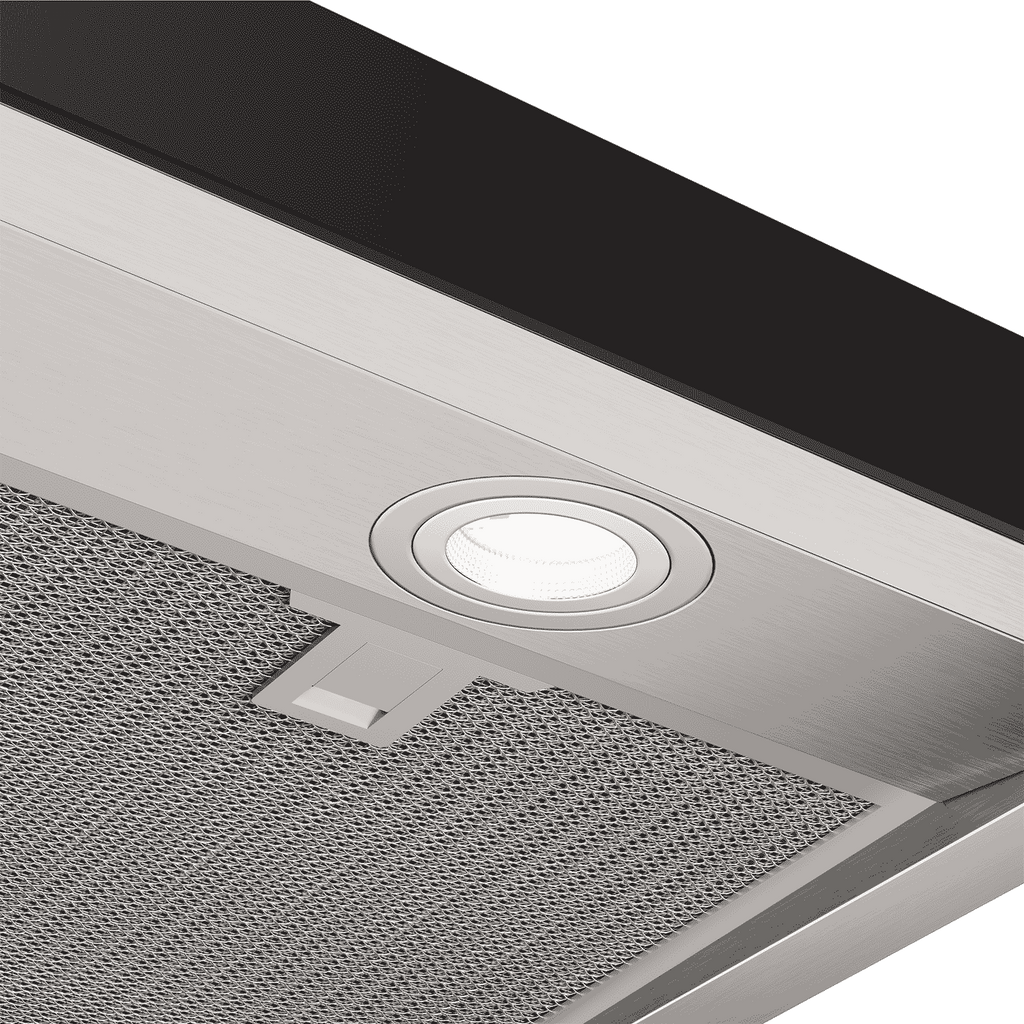 Electrolux ECT9744H 90 cm chimney extractor hood, underside detail of the recessed LED hob light and mesh filter