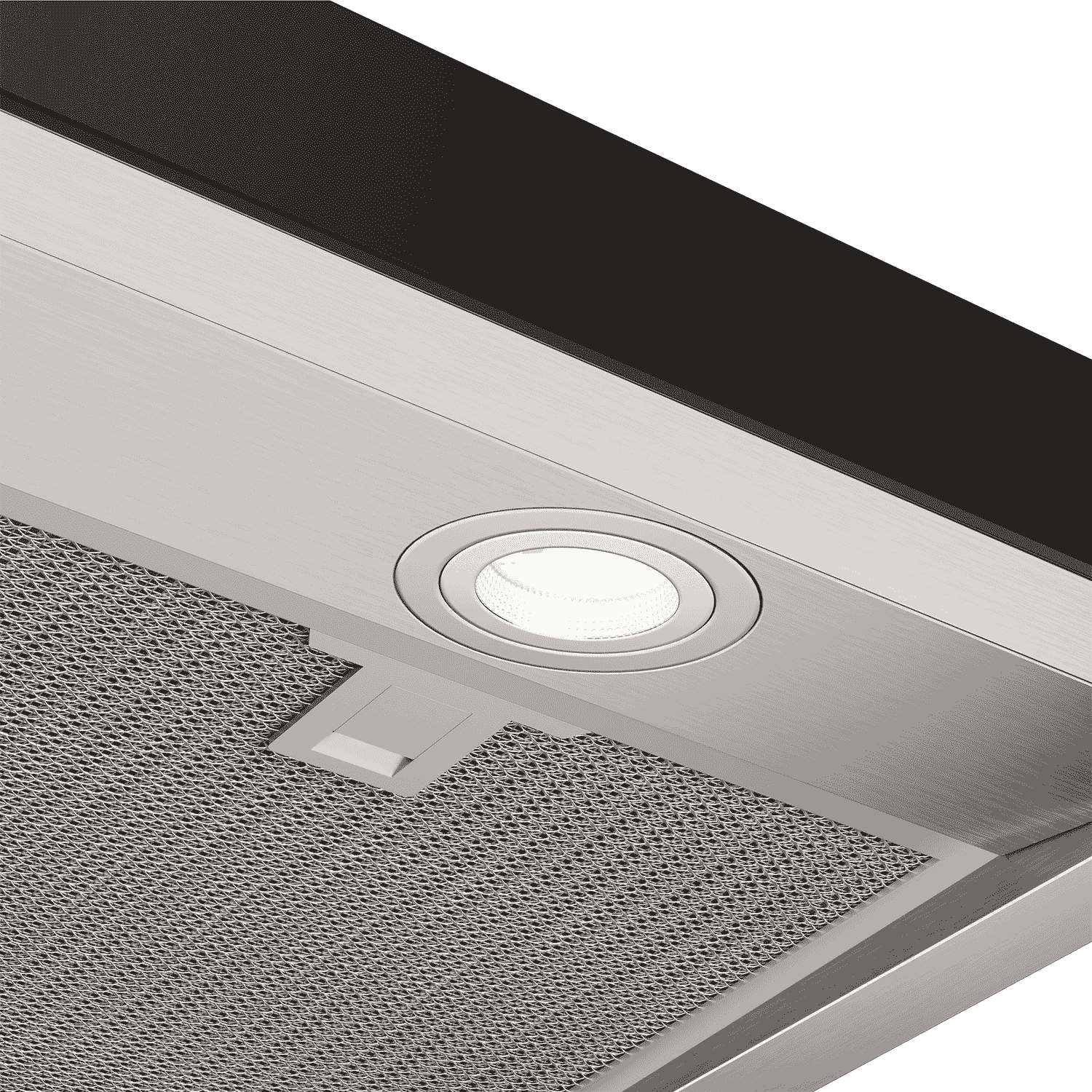 Electrolux ECT9744H 90 cm chimney extractor hood, underside detail of the recessed LED hob light and mesh filter