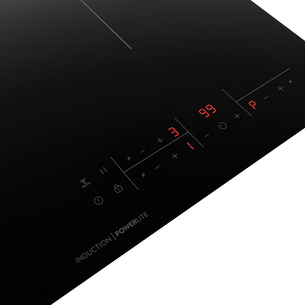 EHI6322BF 60cm 3 zone built-in induction hob, angled view of touch control panel with power display