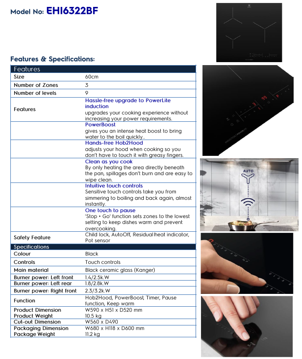 EHI6322BF 60cm 3 zone induction hob features and specifications
