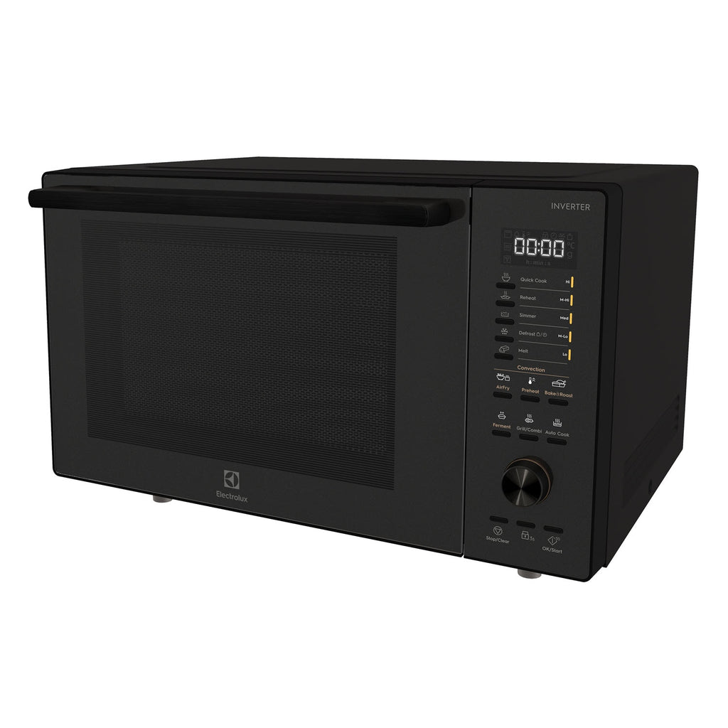 Electrolux EMC30D22BM UltimateTaste 700 freestanding combination microwave oven, 30 L, in dark grey, angled front view with the door closed