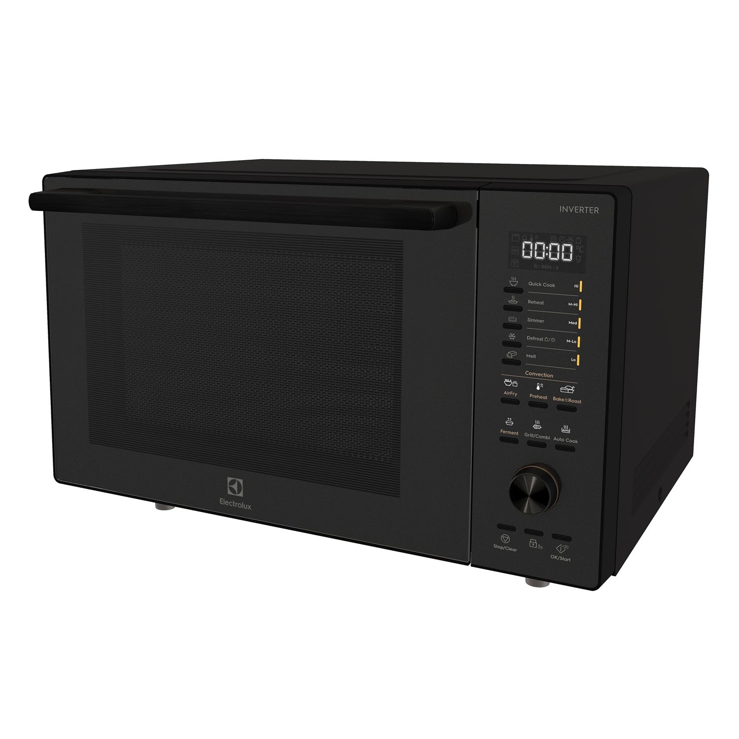 Electrolux EMC30D22BM UltimateTaste 700 freestanding combination microwave oven, 30 L, in dark grey, angled front view with the door closed