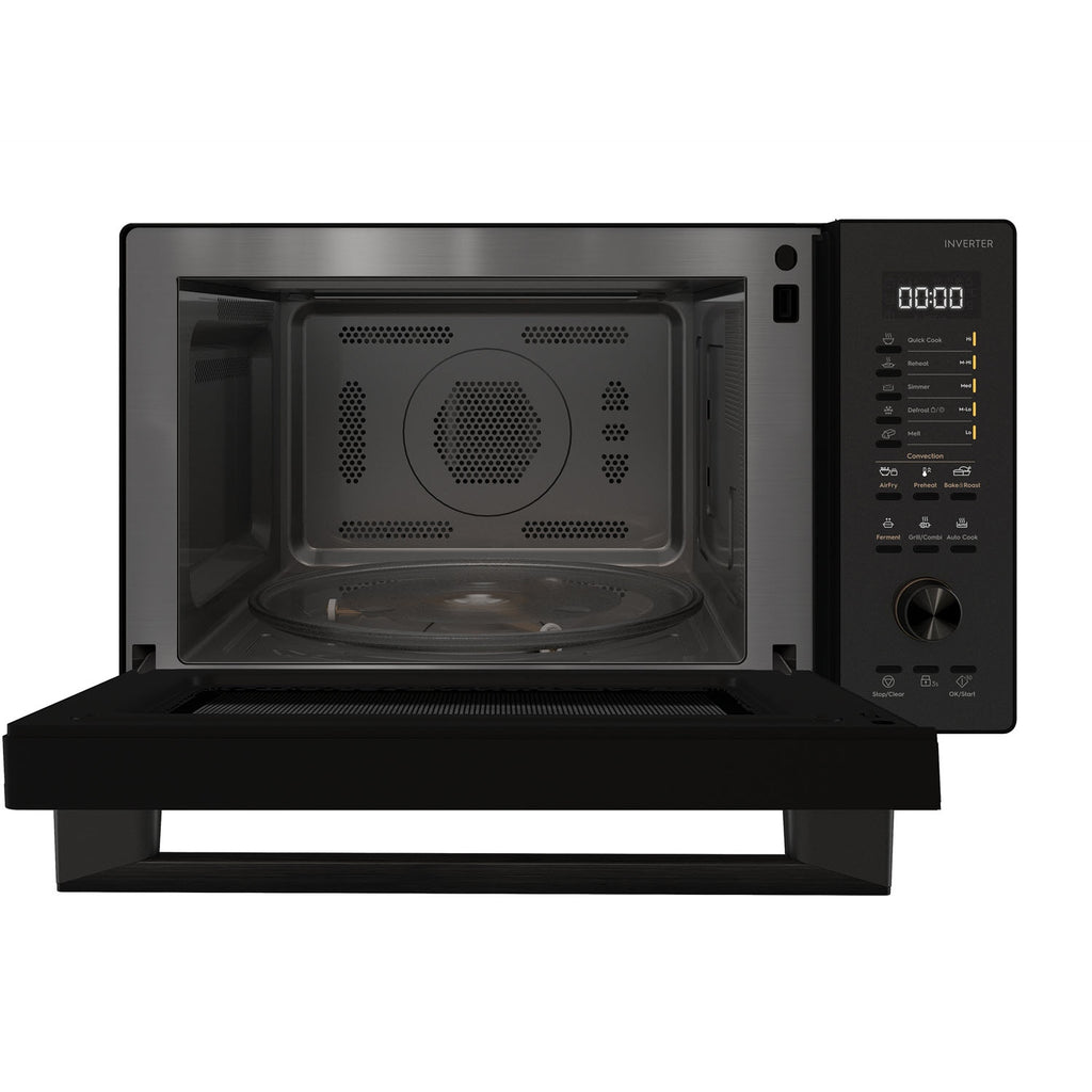 Electrolux EMC30D22BM UltimateTaste 700 freestanding combination microwave oven, front view with the door open showing the stainless steel cavity and glass turntable